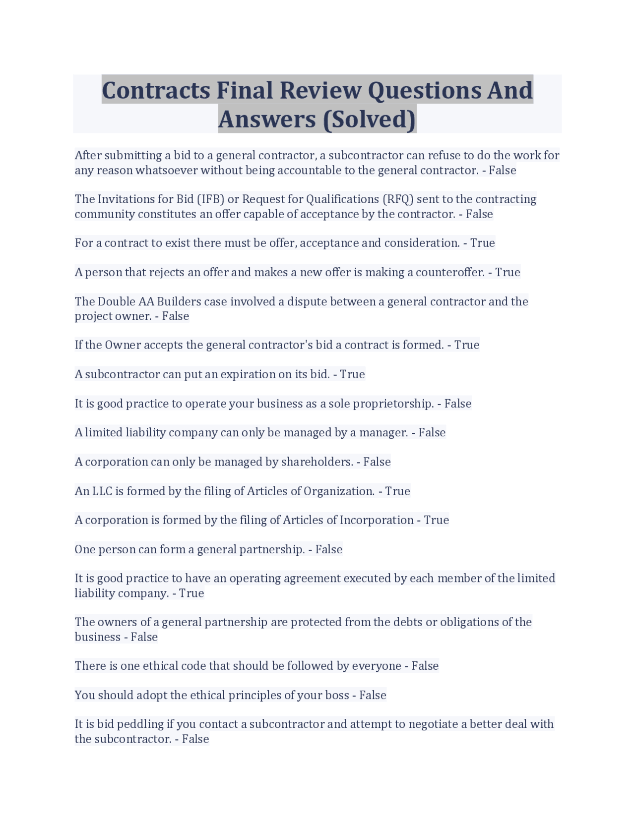 Contracts Final Review Questions And Answers (Solved) | Exams Advanced ...