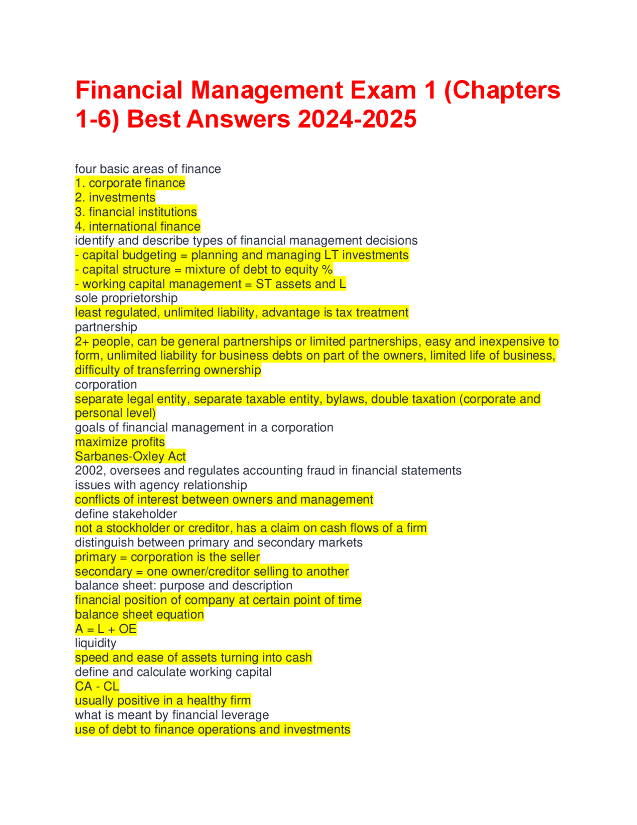 Financial Management Exam 1 (Chapters 1-6) Best Answers 2024-2025 ...