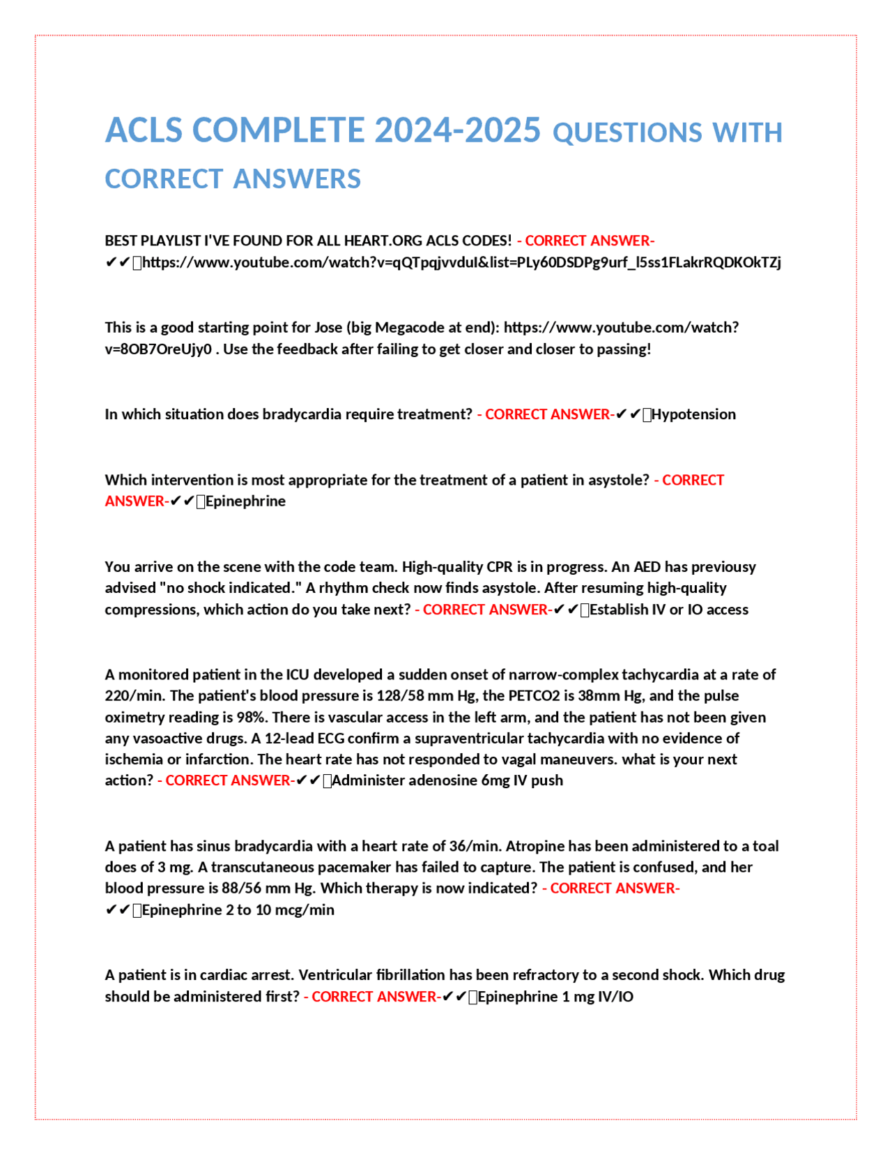 ACLS Complete 2024-2025 Questions and Answers | Exams Nursing | Docsity