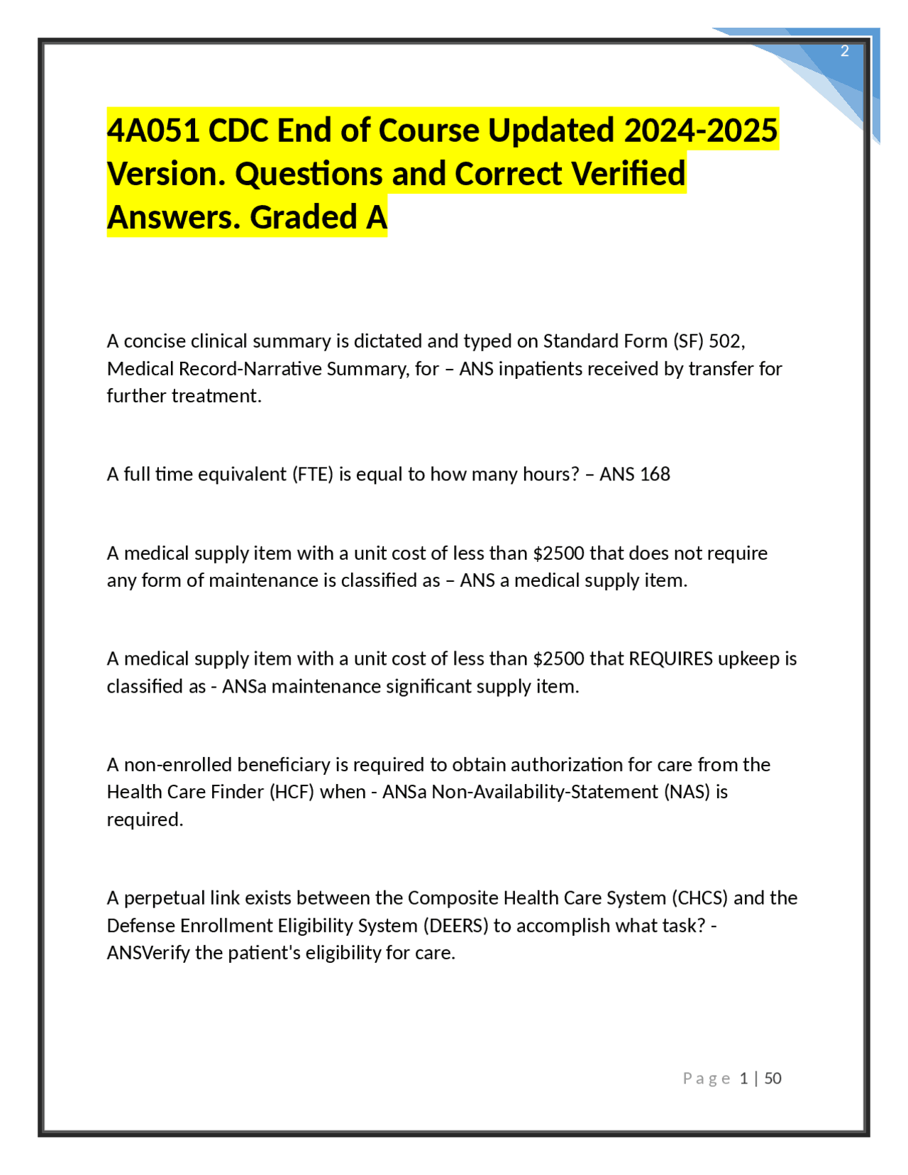 Cdc's Sample Questions 4A051 CDC End of Course Updated 2024-2025 Version. Questions and ...