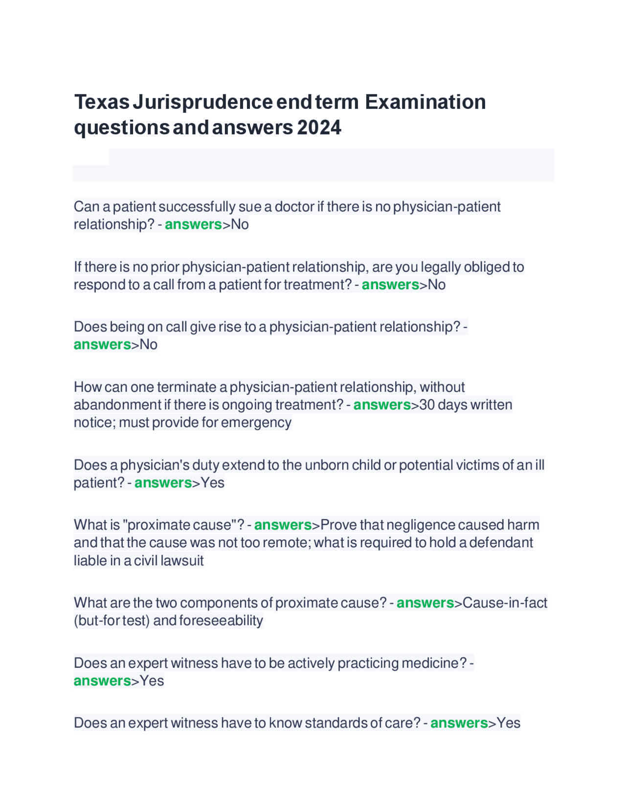Texas Jurisprudence end term Examination questions and answers 2024 ...