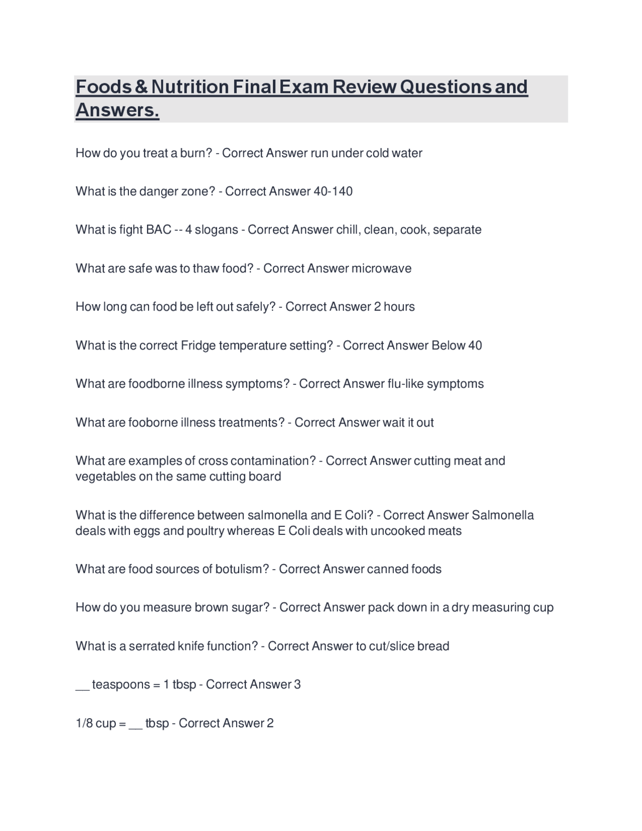 Foods & Nutrition Final Exam Review Questions and Answers. | Exams ...