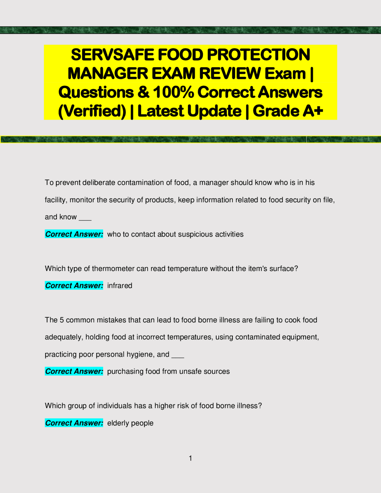 SERVSAFE Food Protection Manager Exam Review: Questions & Answers ...