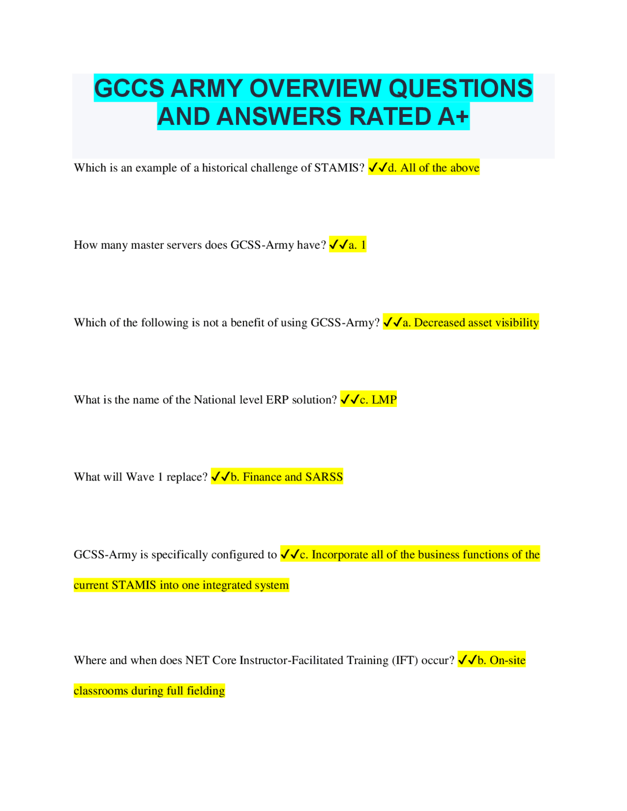 Gcas Questions GCCS ARMY OVERVIEW QUESTIONS AND ANSWERS RATED A+ | Exams Military ...