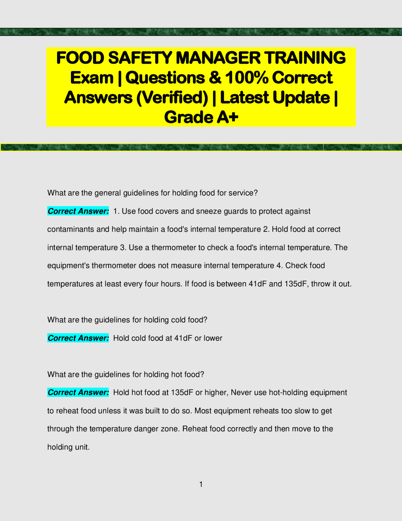 FOOD SAFETY MANAGER TRAINING Exam | Questions & 100% Correct Answers ...