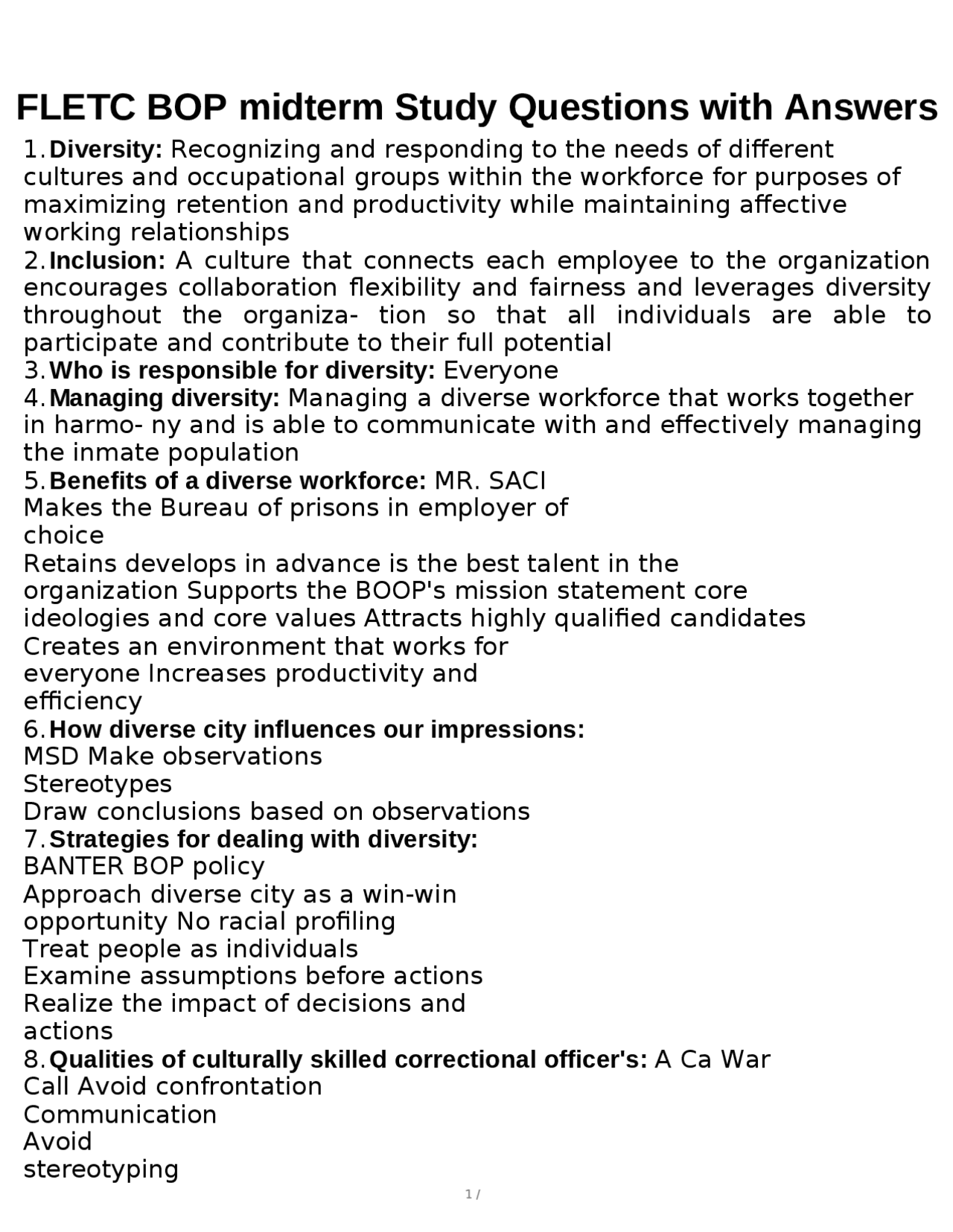 FLETC BOP Midterm Study Guide: Correctional Supervision & Diversity ...