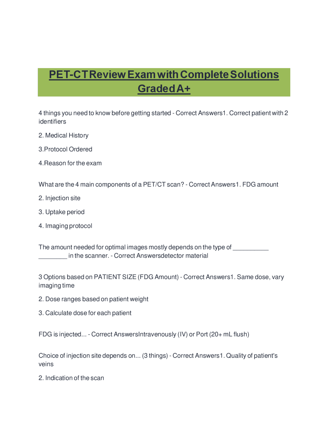 PET-CT Review Exam with Complete Solutions | Exams Nursing | Docsity