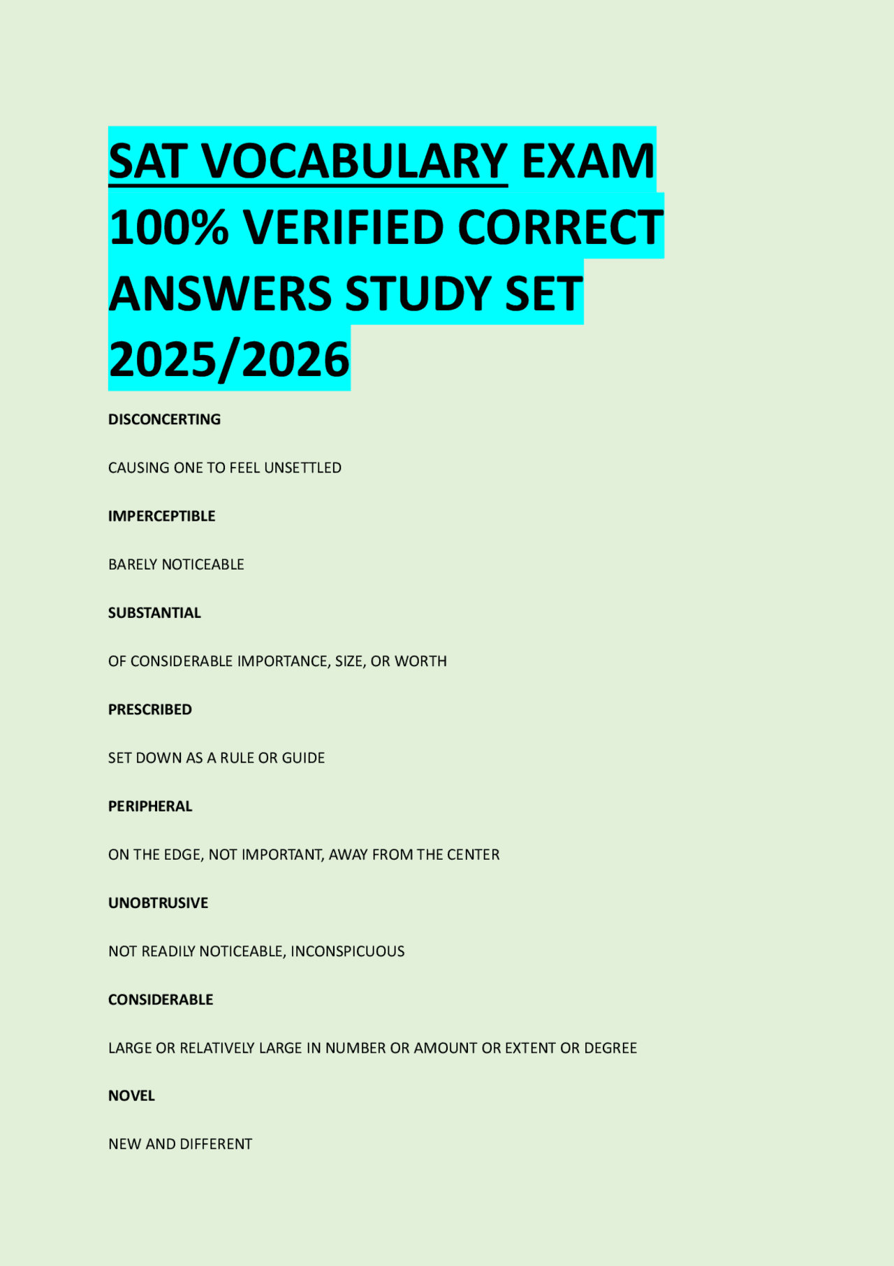 SAT VOCABULARY EXAM 100% VERIFIED CORRECT ANSWERS STUDY SET 2025/2026 ...