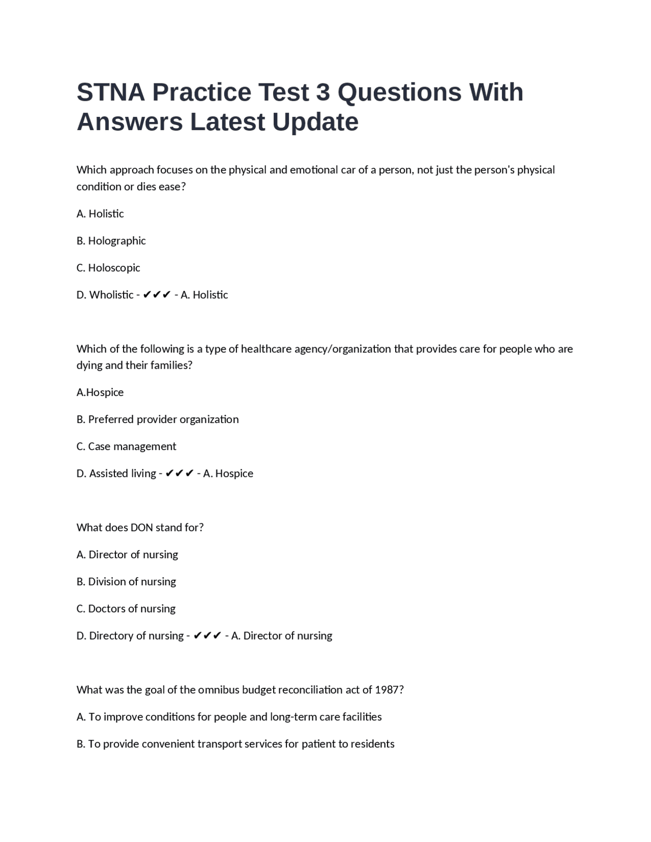 Stna Interview Questions STNA Practice Test 3: Questions and Answers | Exams Nursing | Docsity