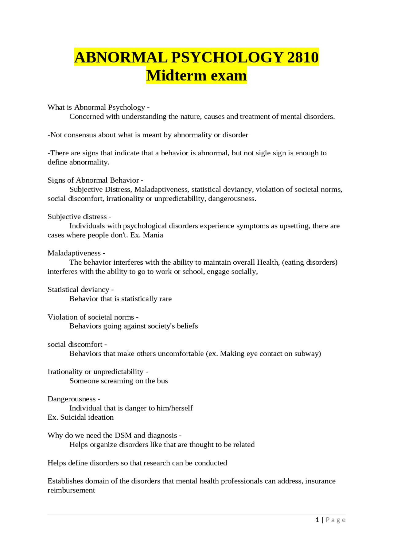 Abnormal Psychology 2810: Midterm Exam Review | Exams Psychology | Docsity
