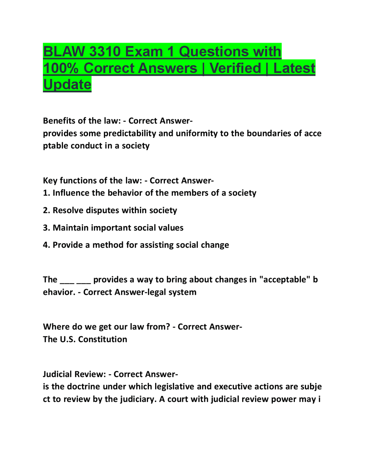 BLAW 3310 Exam 1 Questions and Answers: Legal System, Judicial Review ...