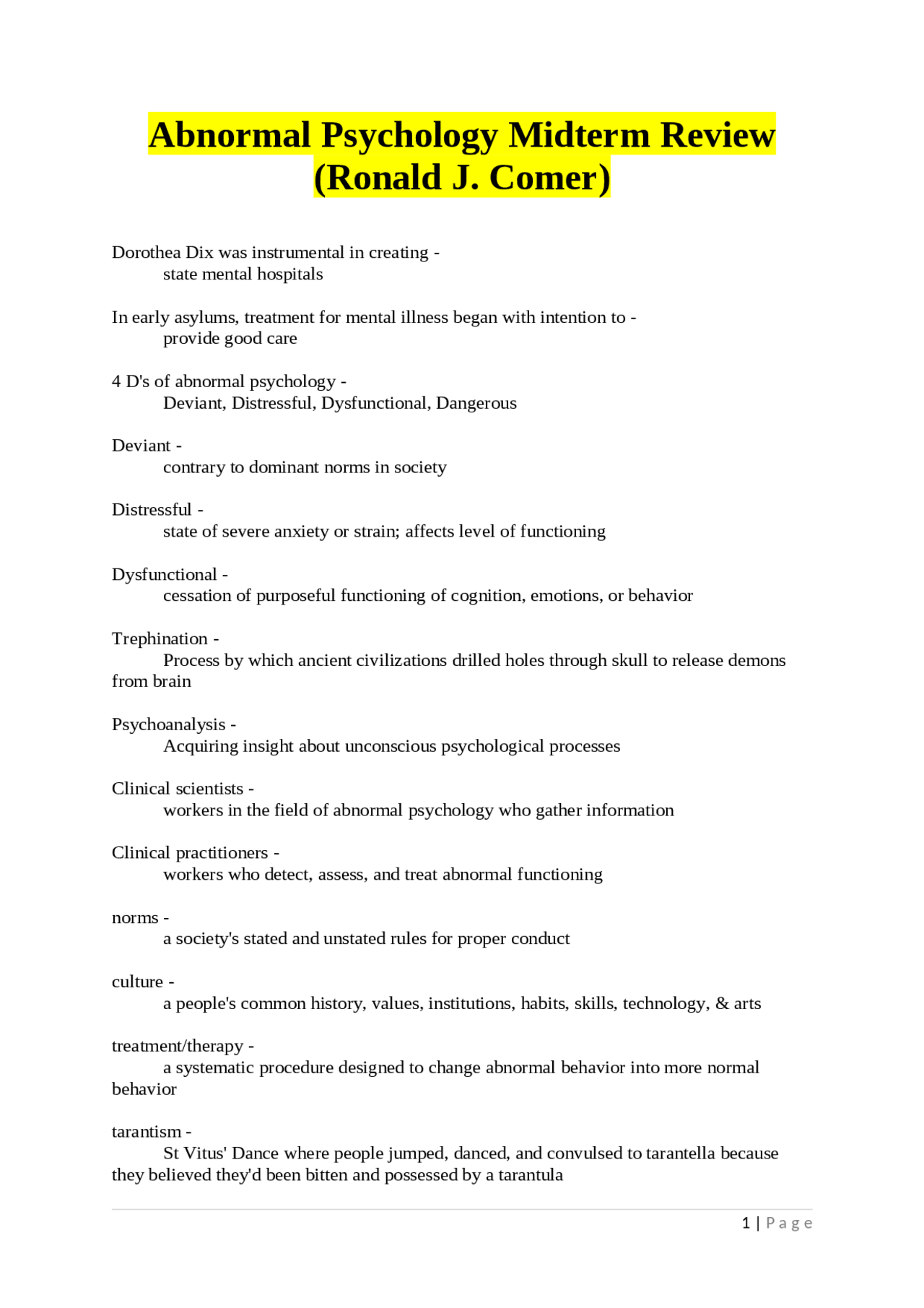 Abnormal Psychology Midterm Review: Key Concepts and Definitions ...