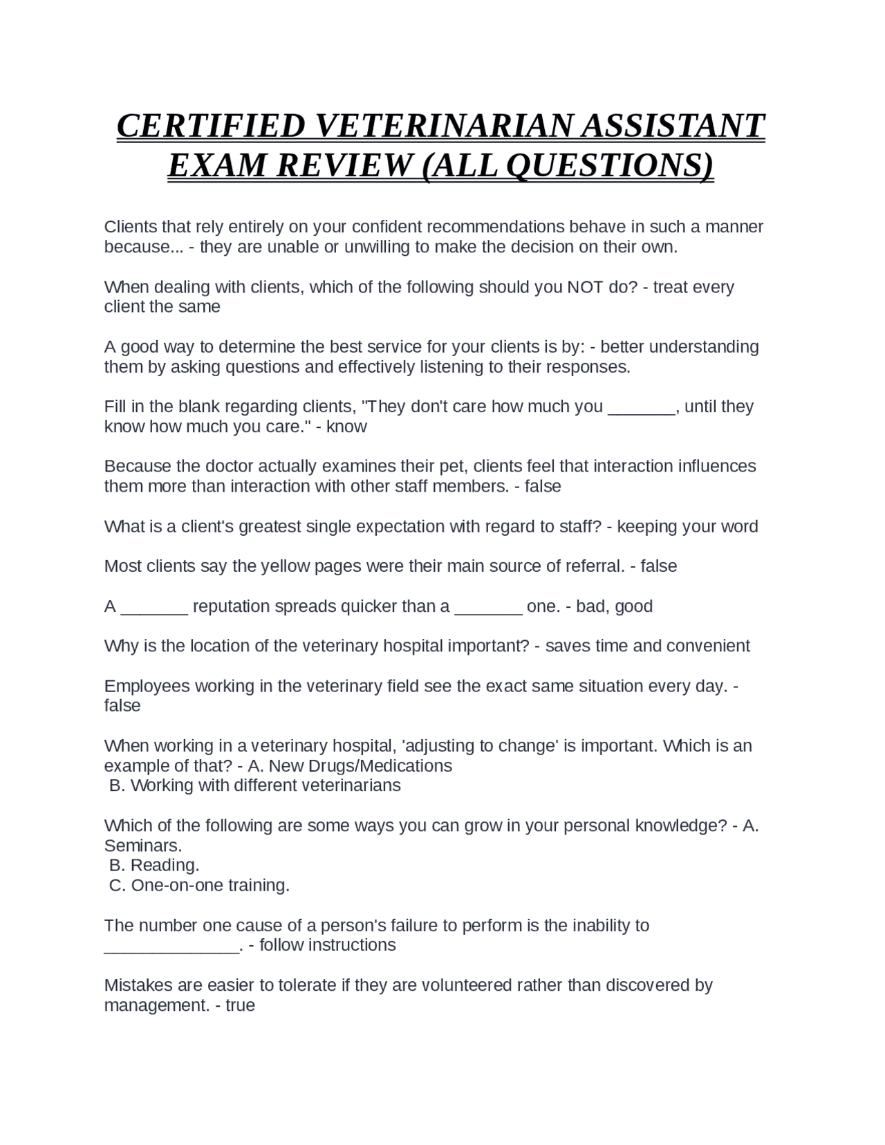 Certified Veterinary Assistant Exam Review: Multiple Choice Questions ...
