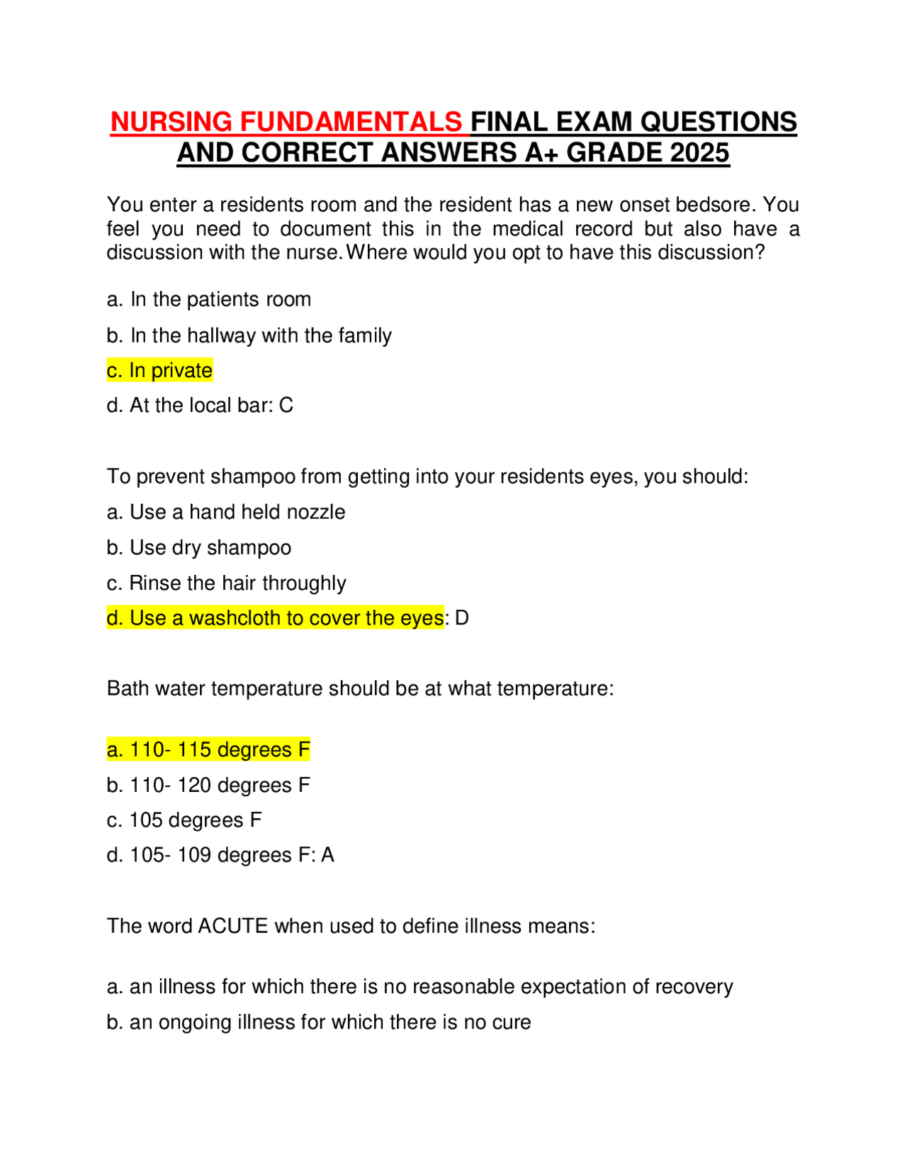 NURSING FUNDAMENTALS FINAL EXAM QUESTIONS AND CORRECT ANSWERS A+ GRADE ...