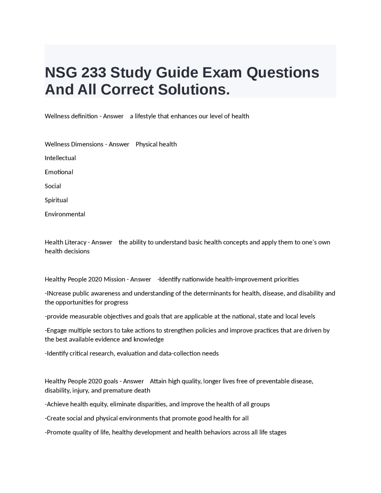 NSG 233 Study Guide: Exam Questions and Answers on Wellness, Nutrition ...