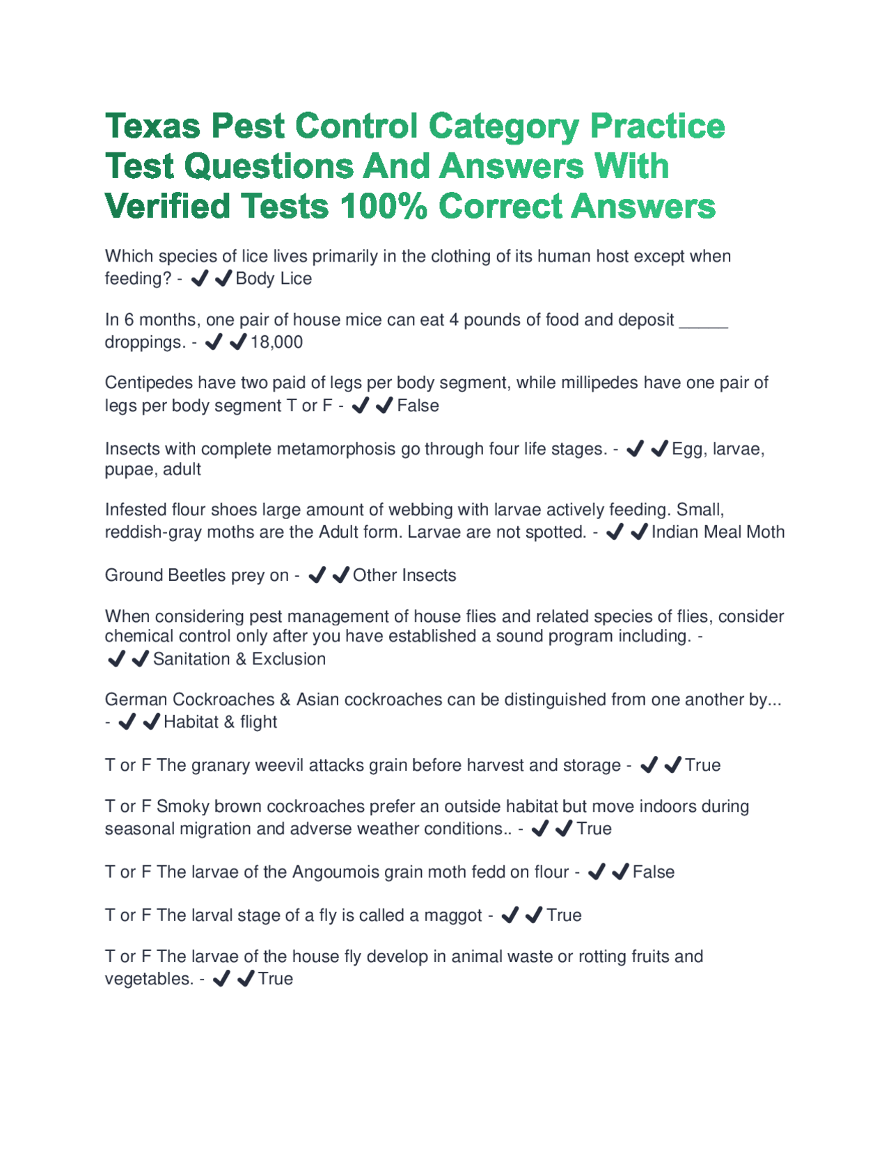 Texas Pest Control Category Practice Test Questions and Answers | Exams ...