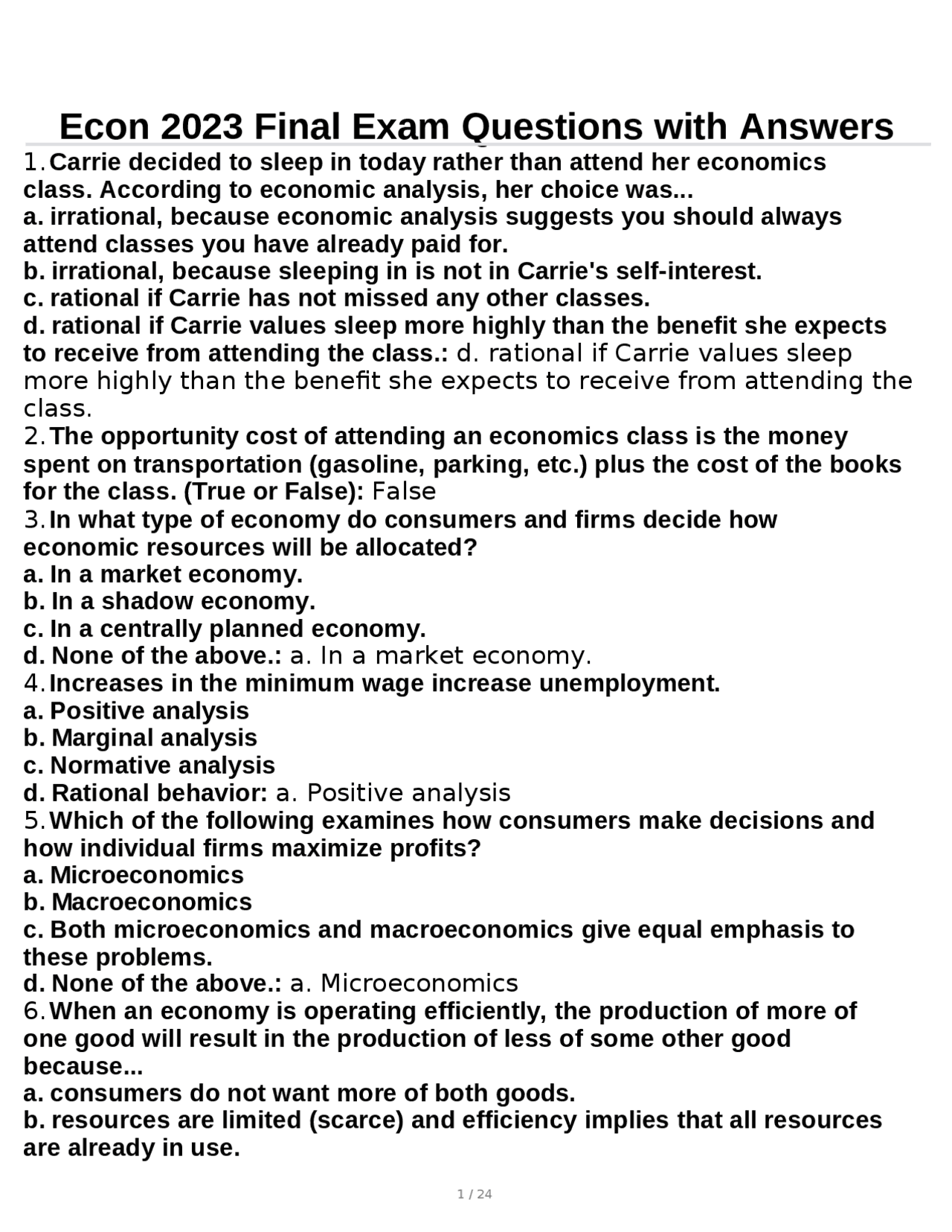 Econ 2023 Final Exam Questions with Answers | Exams Economics | Docsity