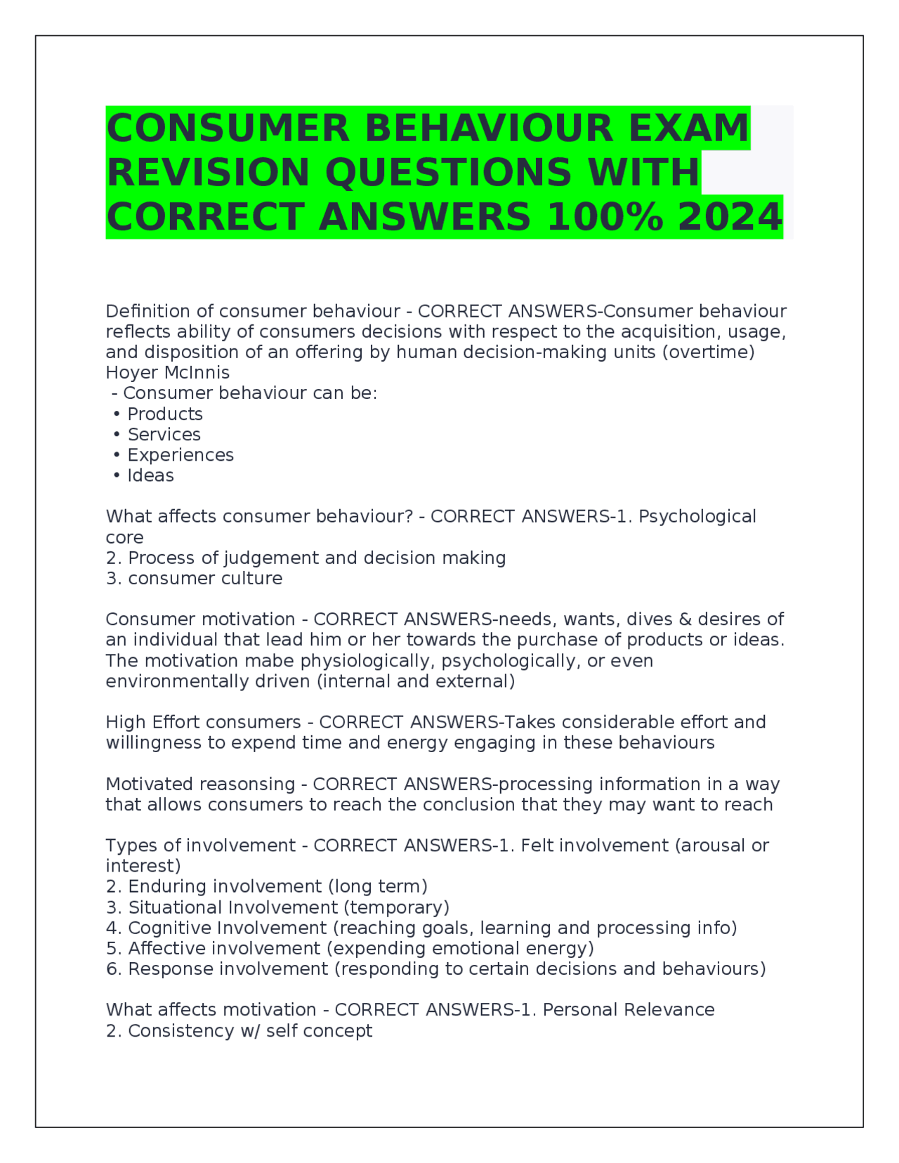 CONSUMER BEHAVIOUR EXAM REVISION QUESTIONS WITH CORRECT ANSWERS 100% ...