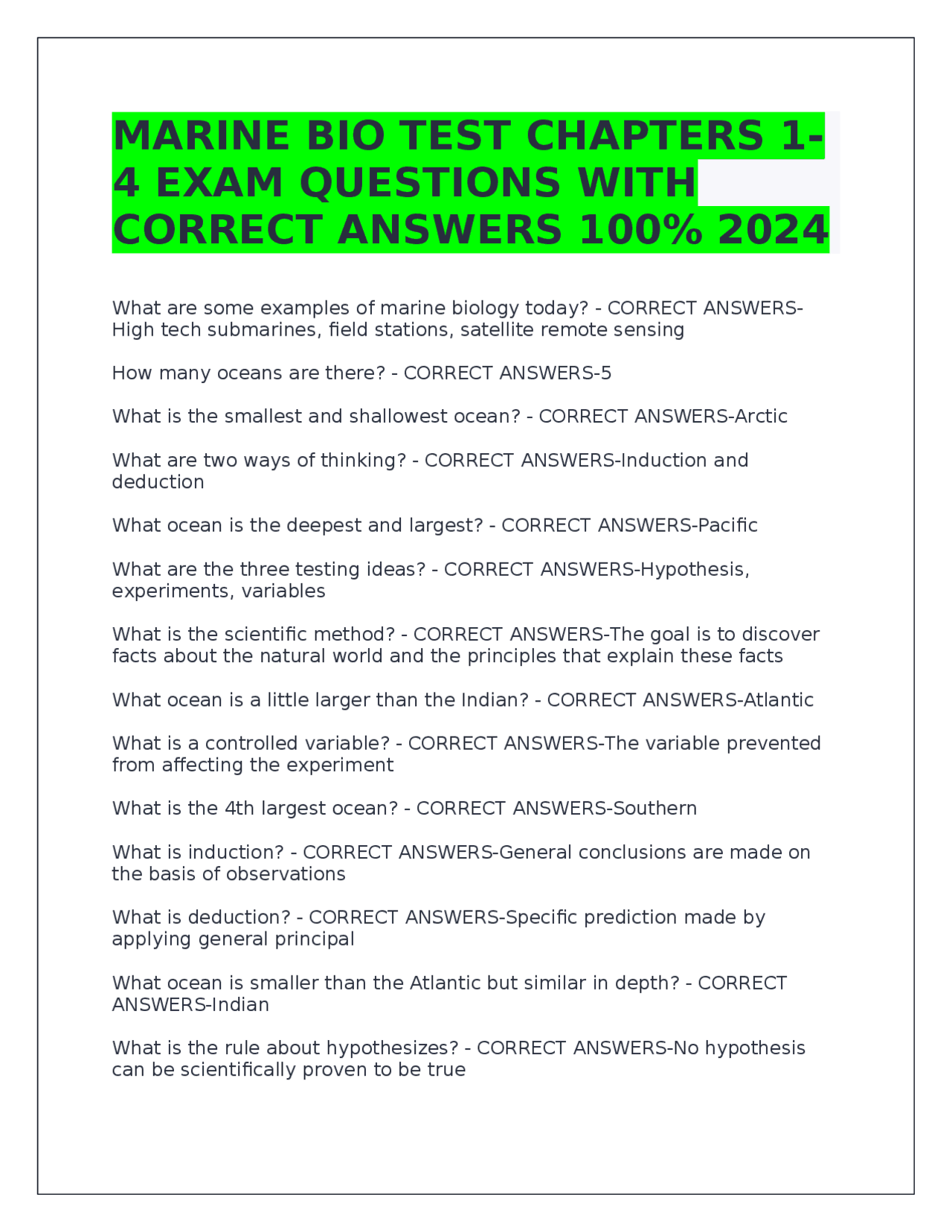 MARINE BIO TEST CHAPTERS 1-4 EXAM QUESTIONS WITH CORRECT ANSWERS 100% ...