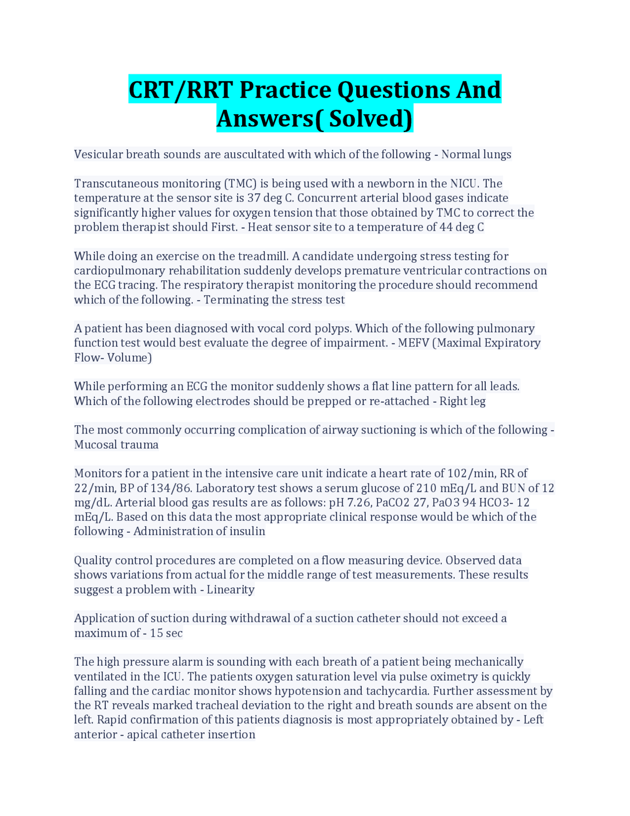 Crt Math Question CRT/RRT Practice Questions And Answers( Solved) | Exams Health sciences ...