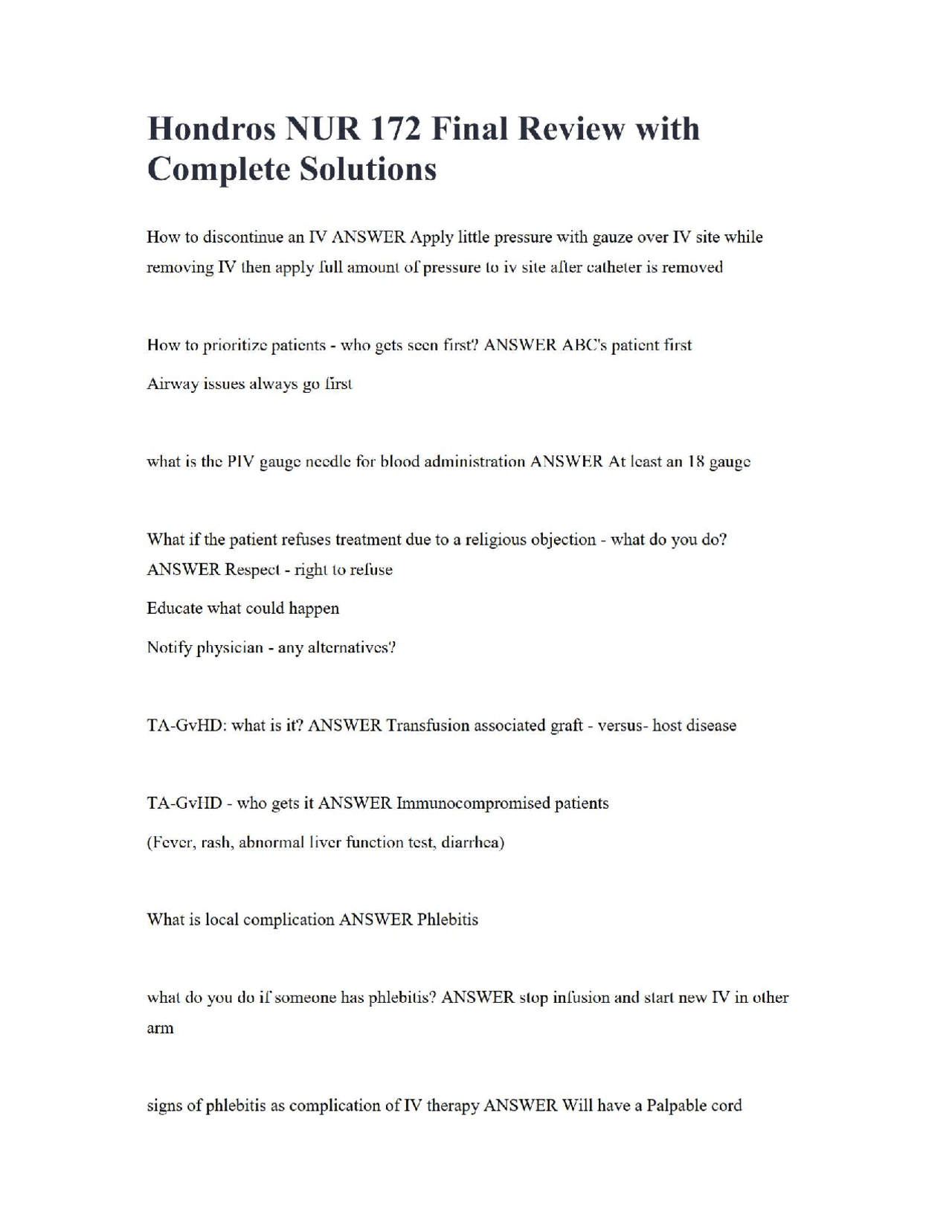Hondros NUR 172 Final Review with Complete Solutions | Exams Nursing ...