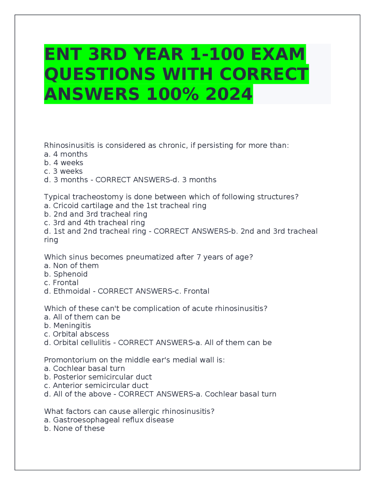 Ente Exam ENT 3RD YEAR 1-100 EXAM QUESTIONS WITH CORRECT ANSWERS 100% 2024 ...