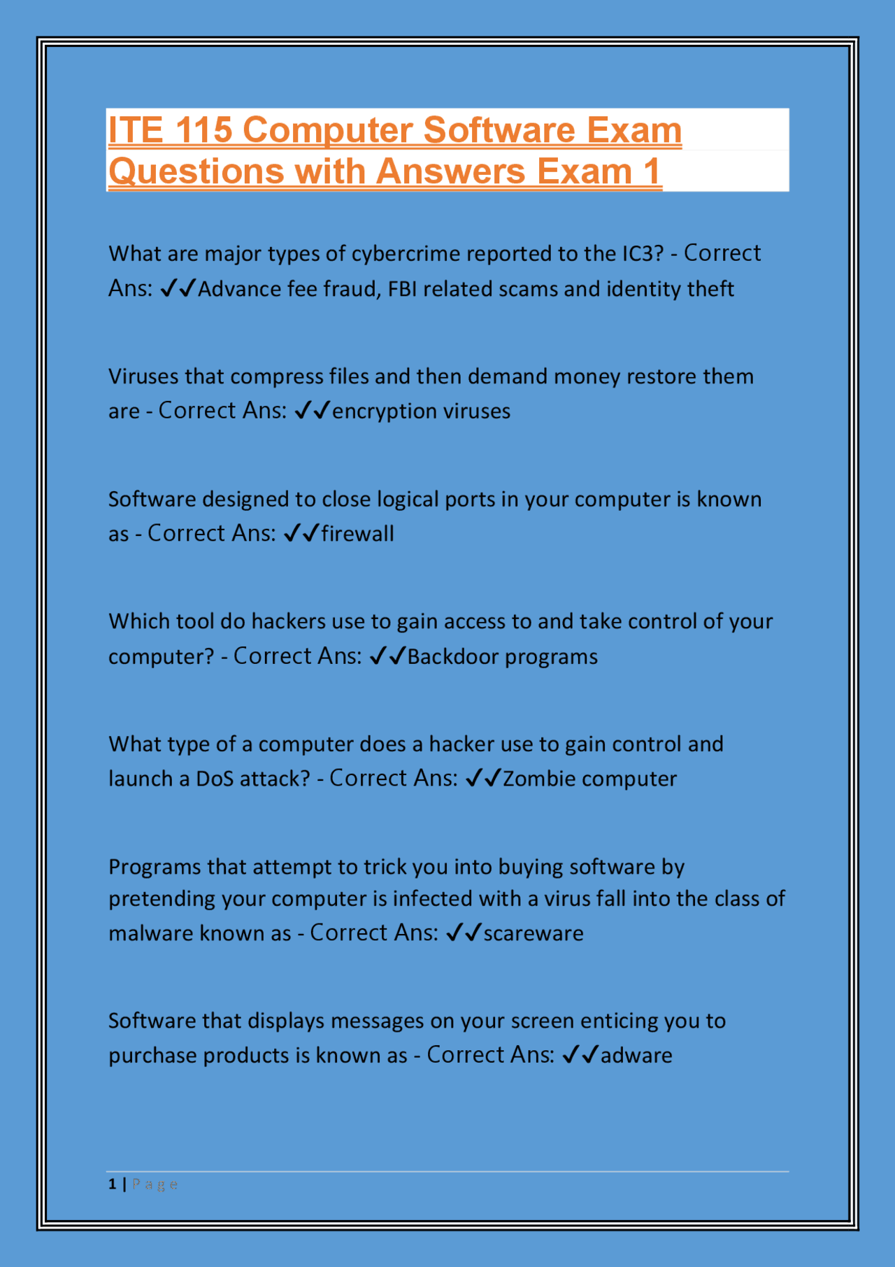 Computer Software Exam ITE 115 Computer Software Exam Questions with Answers Exam 1 | Exams ...
