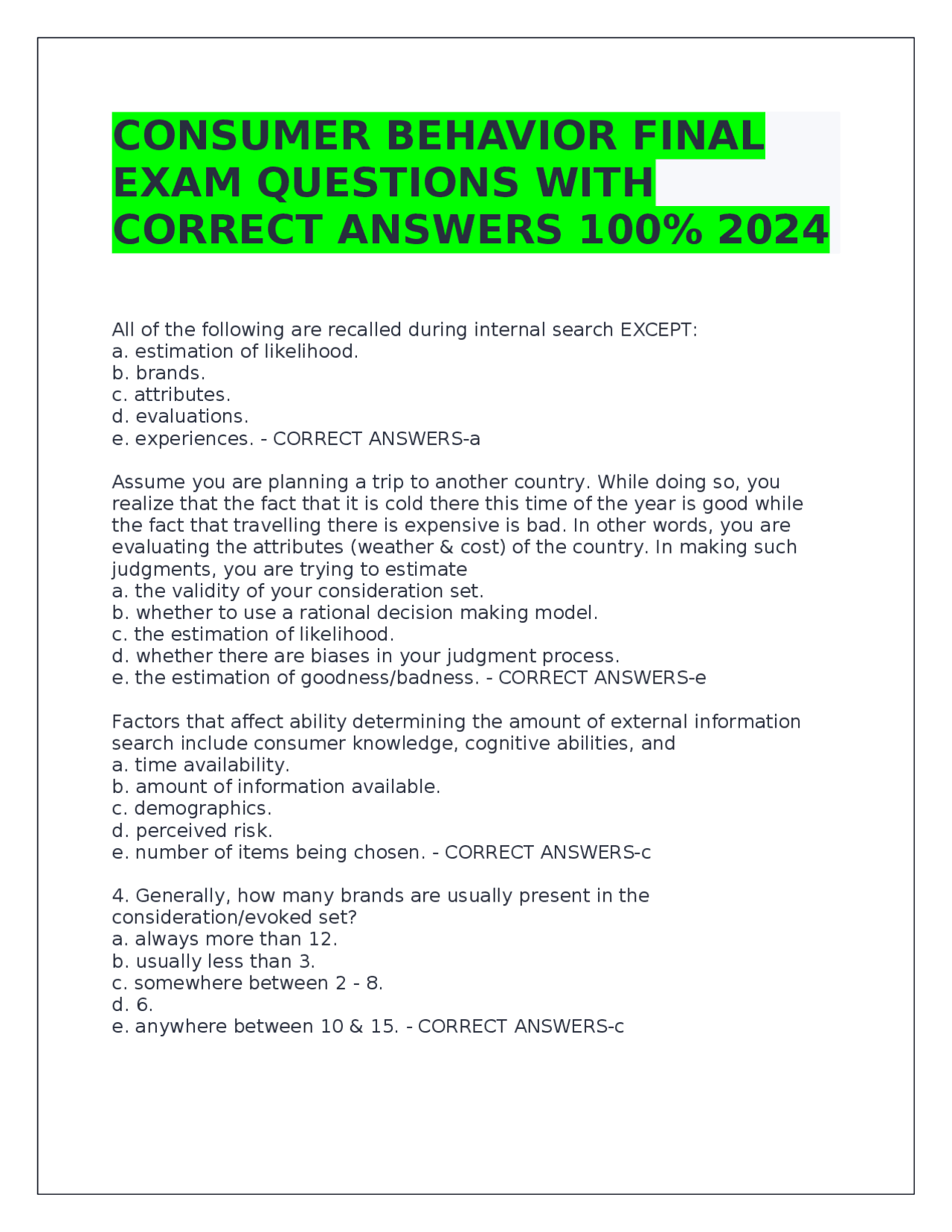CONSUMER BEHAVIOR FINAL EXAM QUESTIONS WITH CORRECT ANSWERS 100% 2024 ...