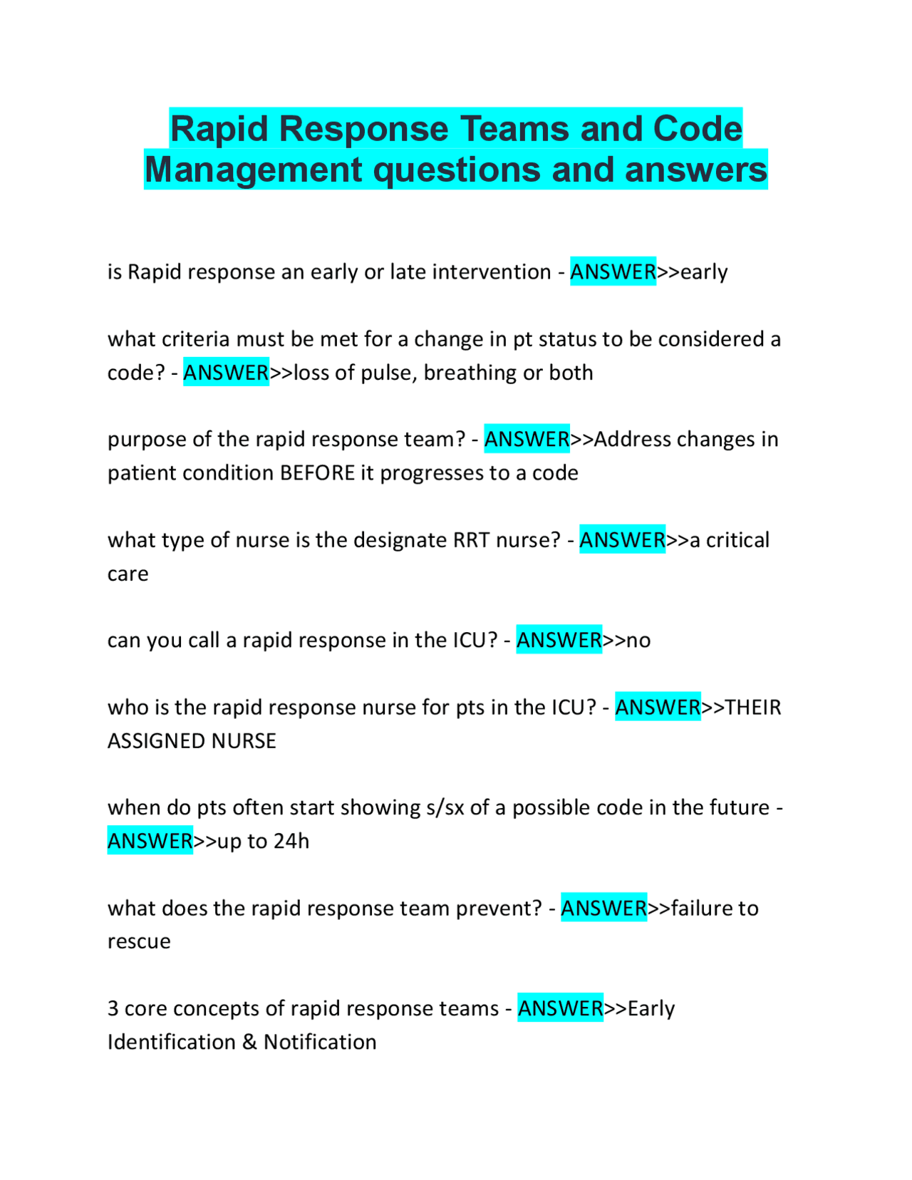 Rapid Response Teams and Code Management questions and answers | Exams ...