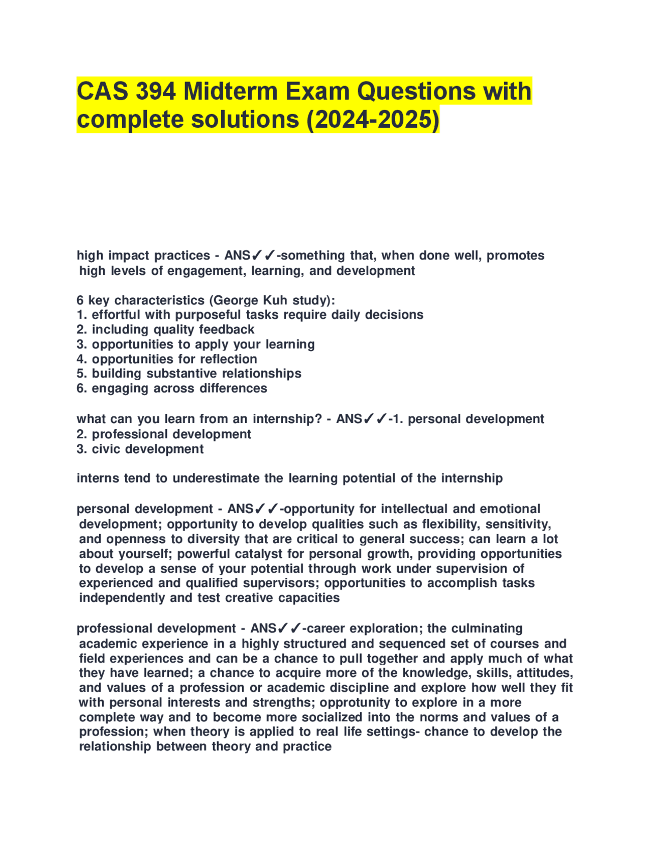 CAS 394 Midterm Exam Solutions: High Impact Practices | Exams Grammar ...
