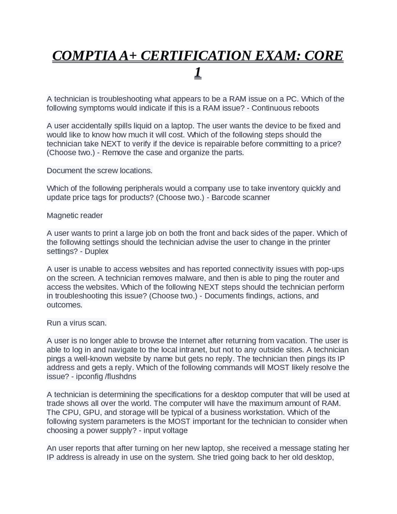 COMPTIA A+ CERTIFICATION EXAM- CORE 1 | Exams Advanced Education | Docsity