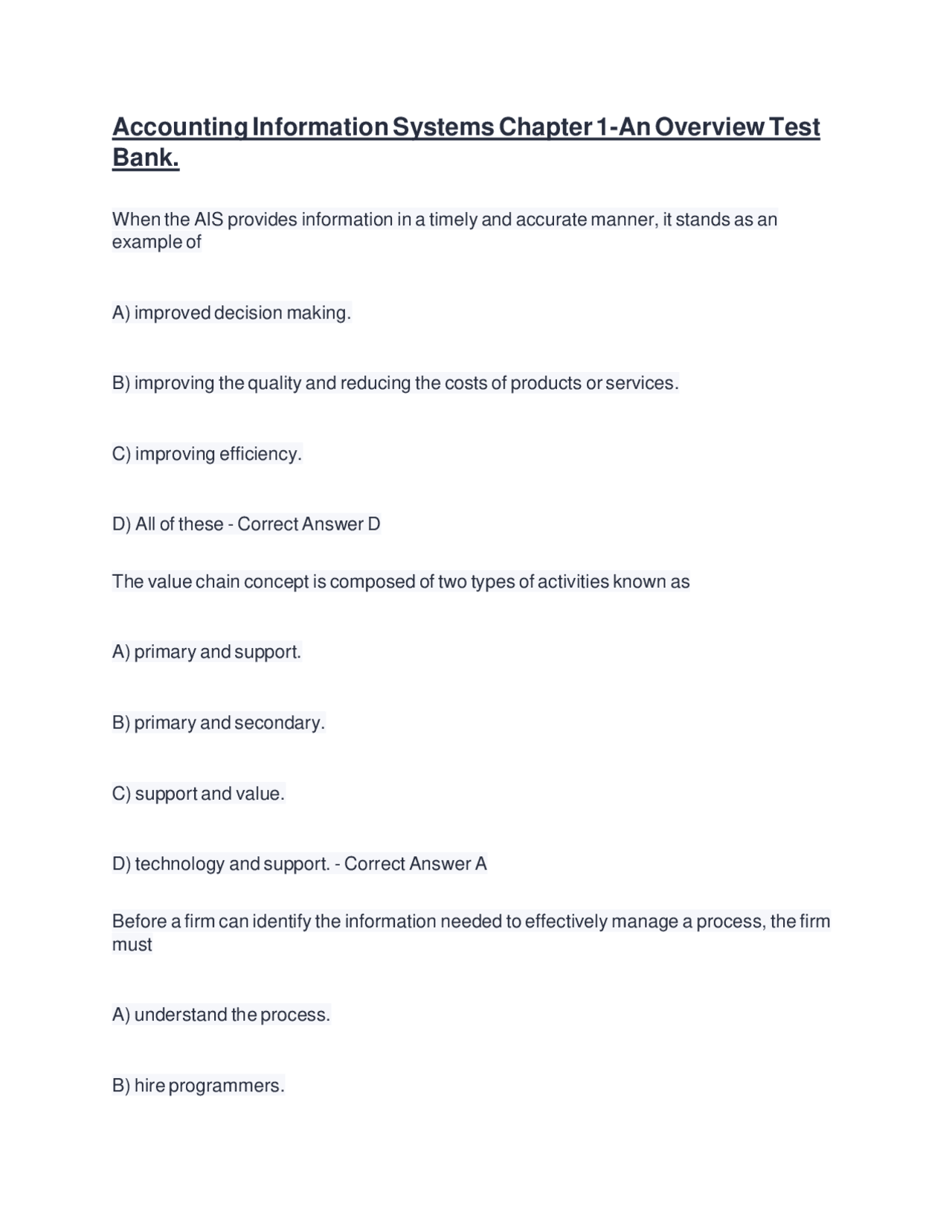 Accounting Information Systems Chapter 1 - An Overview Test | Exams ...