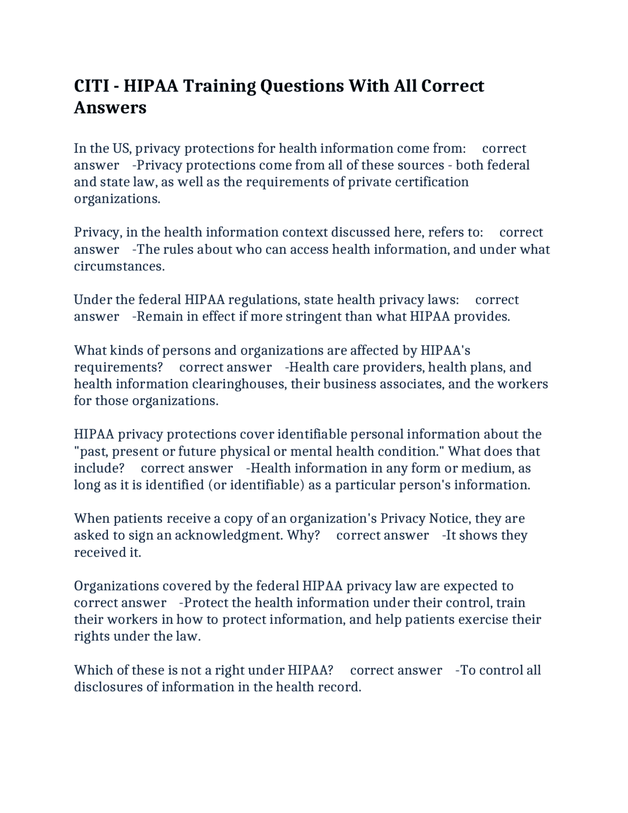 CITI - HIPAA Training Questions With All Correct Answers | Exams Public ...