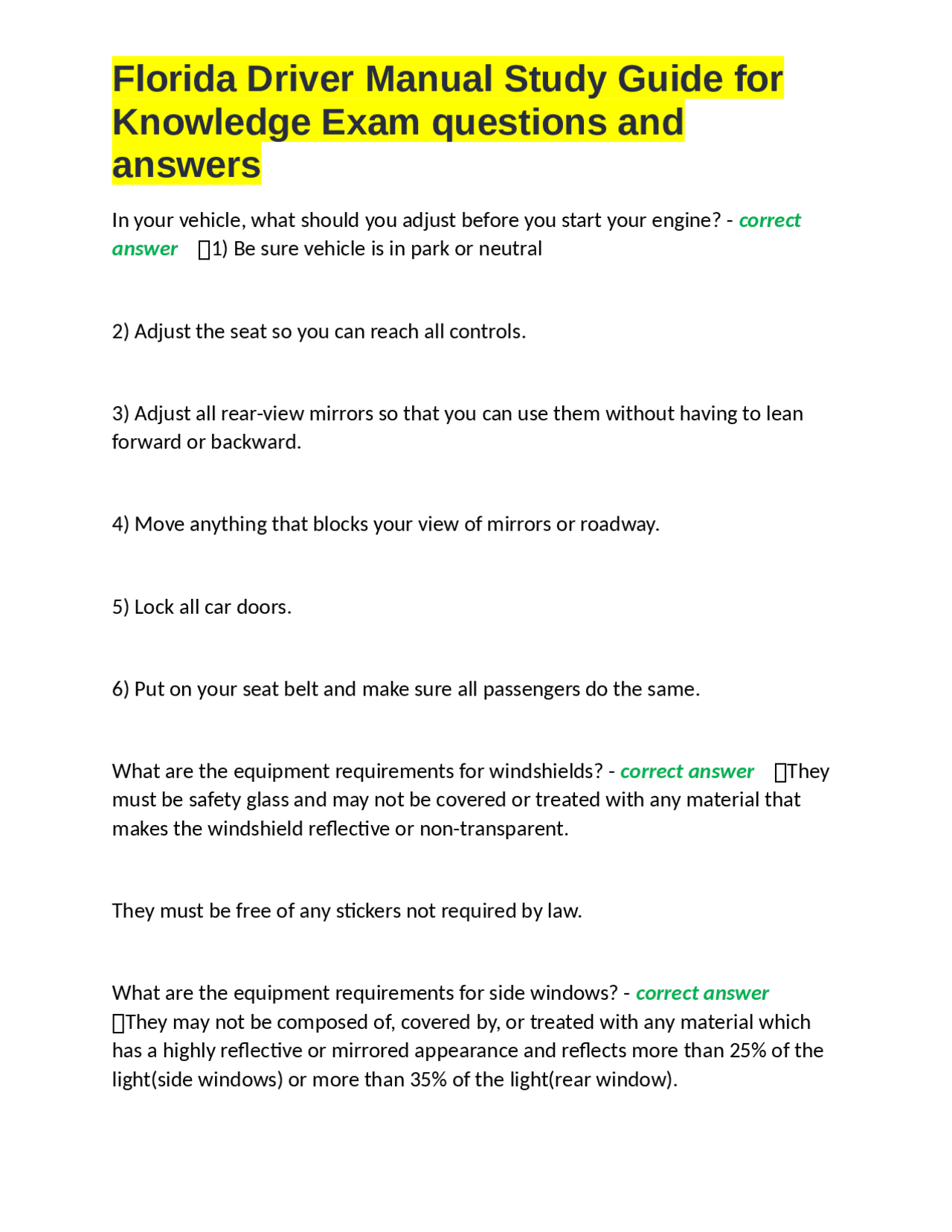 Florida Driver Manual Study Guide: Knowledge Exam Questions and Answers ...