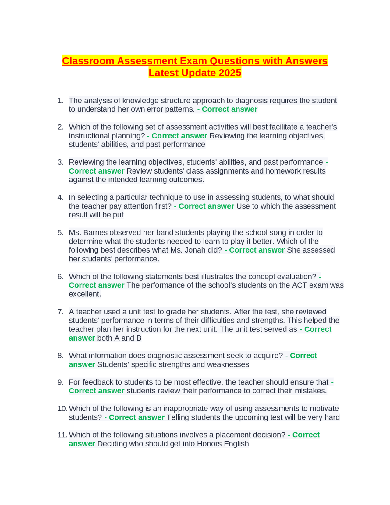 Classroom Assessment Exam Questions with Answers Latest Update 2025 ...