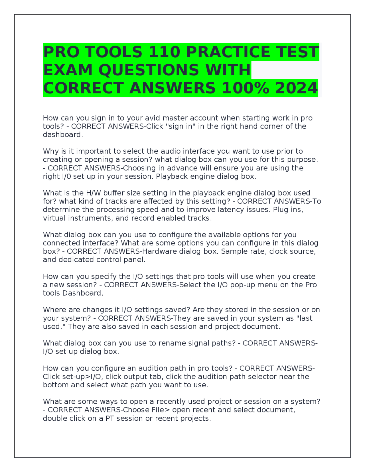 Pro Tools 110 Practice Test Exam Questions With Correct Answers