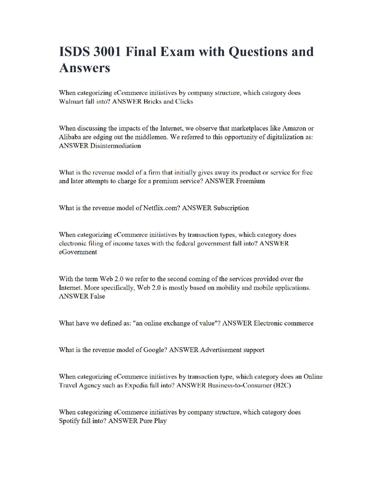 ISDS 3001 Final Exam with Questions and Answers | Exams Information ...