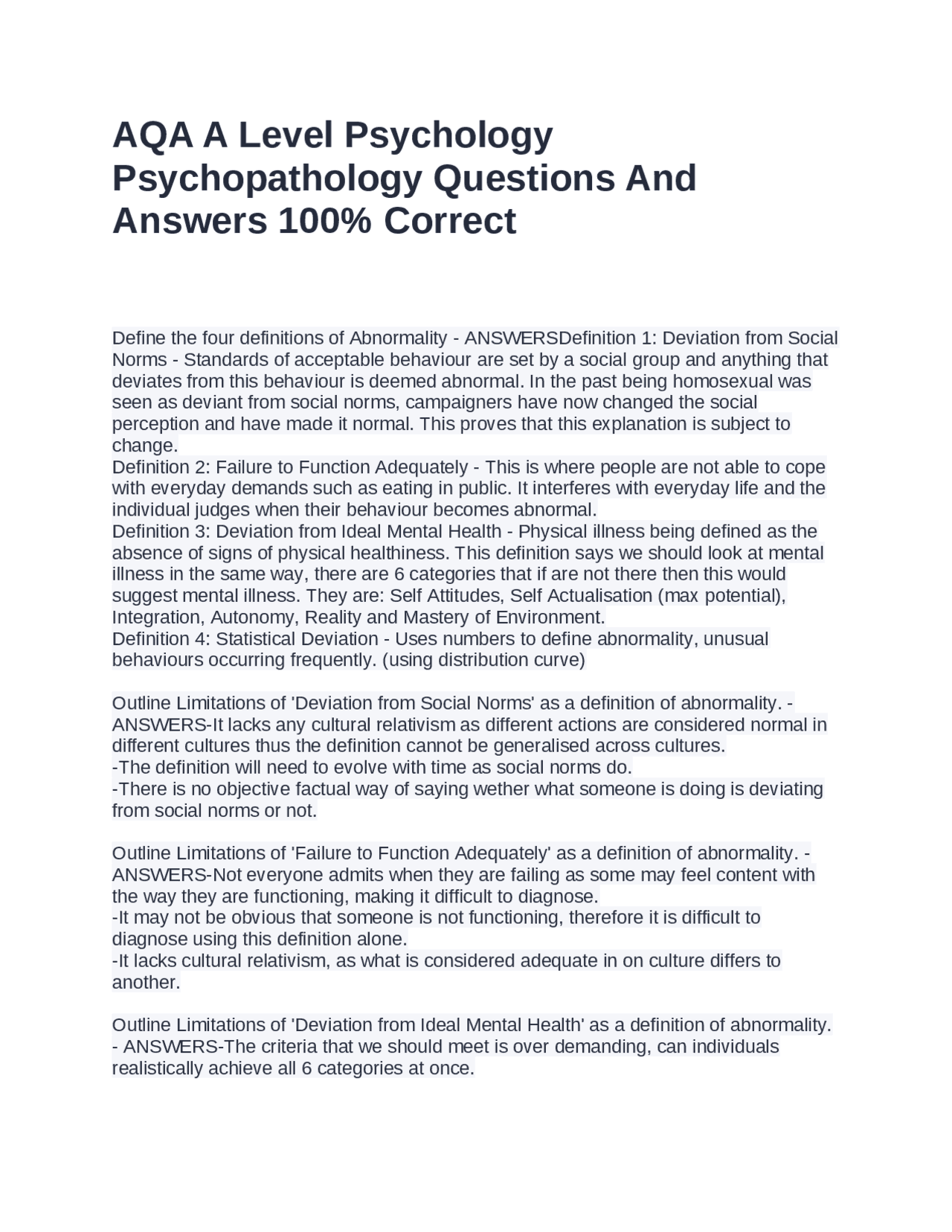 AQA A Level Psychology Psychopathology Questions And Answers 100% ...