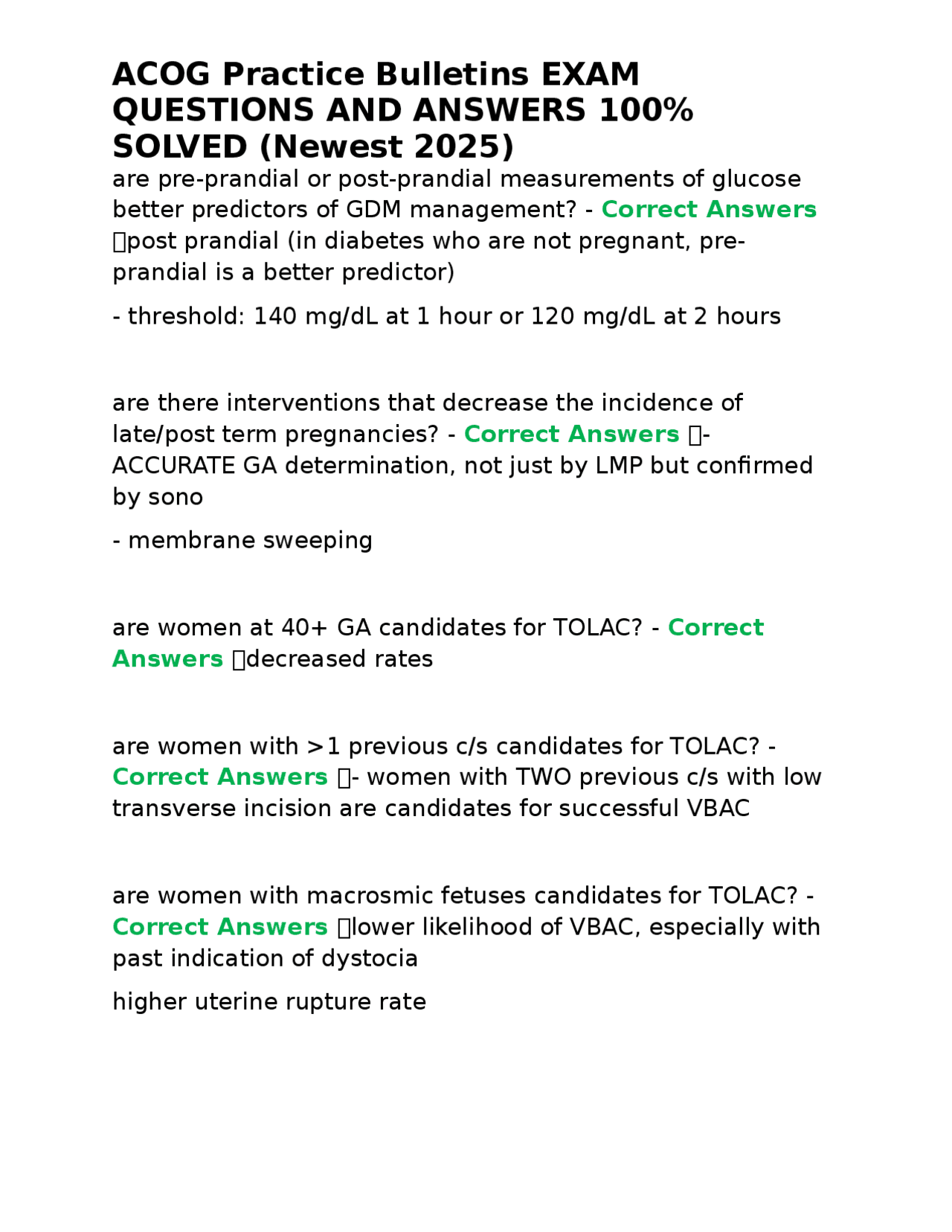 ACOG Practice Bulletins Exam Questions and Answers: Obstetrics | Exams ...