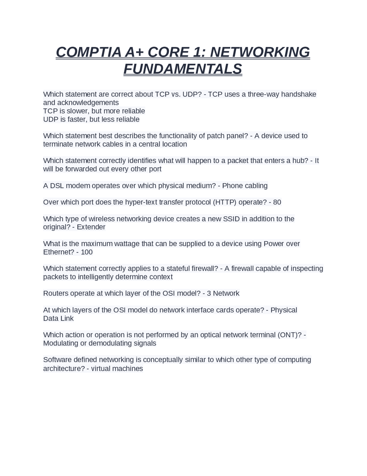 CompTIA A+ Core 1: Networking Fundamentals - Multiple Choice Questions ...