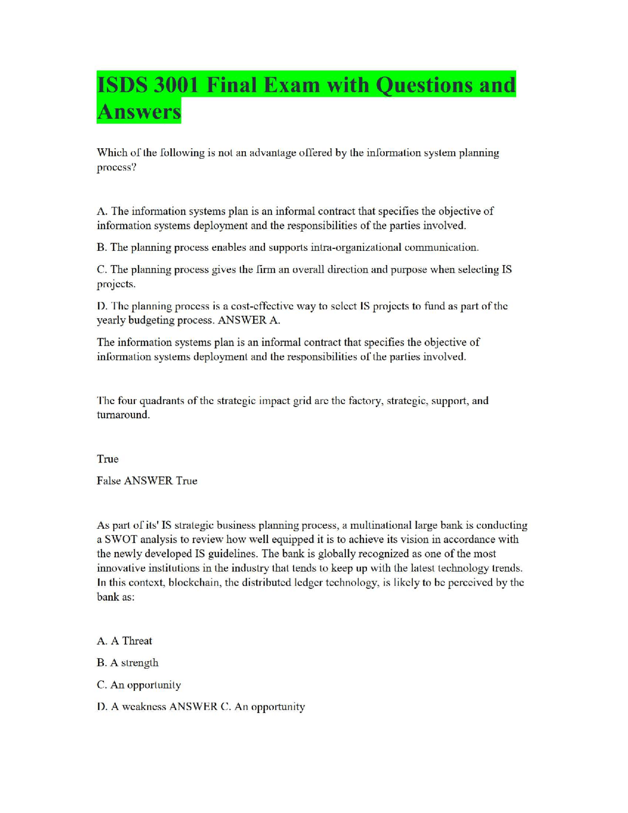 ISDS 3001 Final Exam with Questions and Answers | Exams Information ...