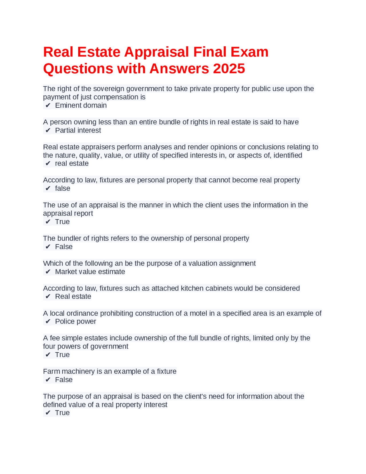 Real Estate Appraisal Final Exam Questions with Answers 2025 | Exams ...
