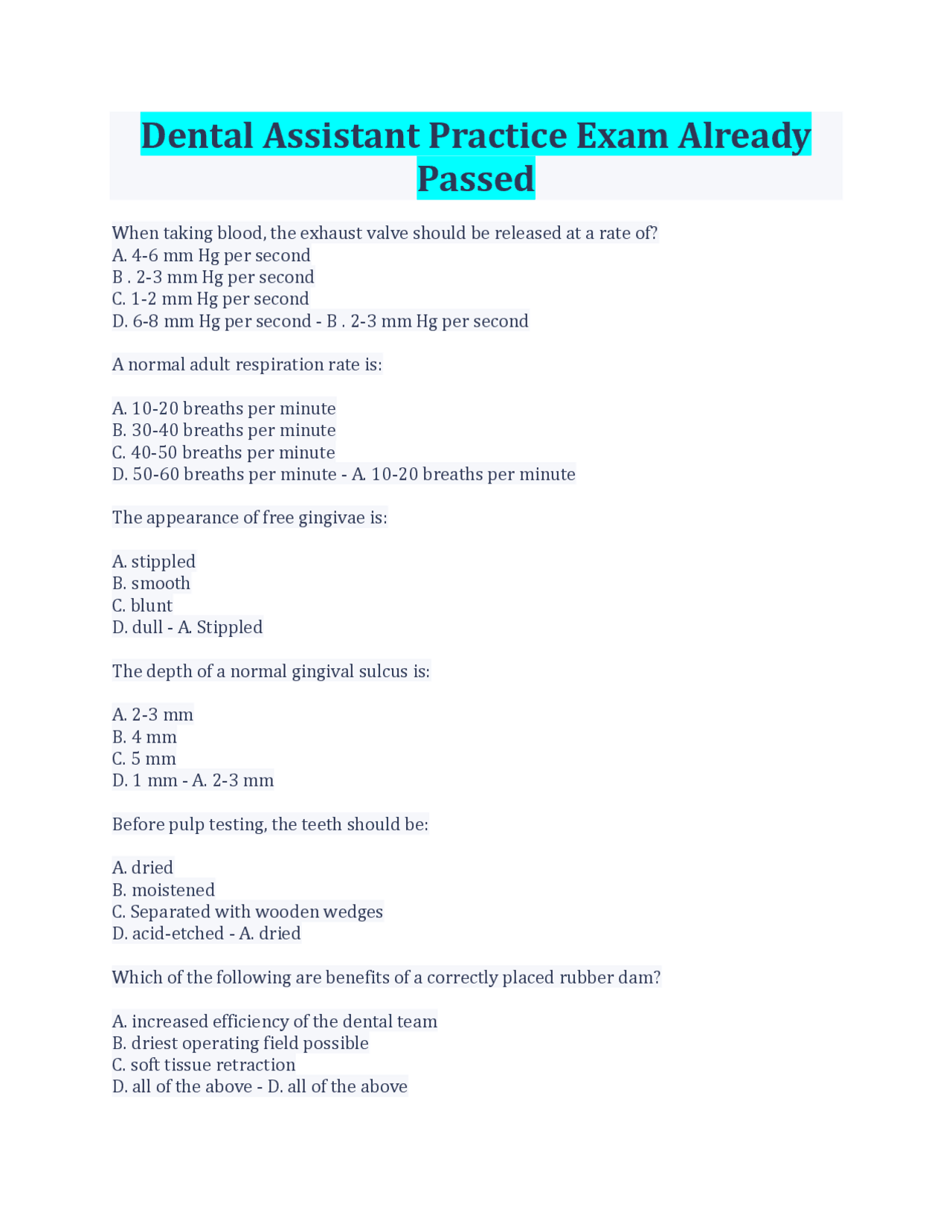 Dental Assistant Practice Exam: Multiple Choice Questions and Answers ...