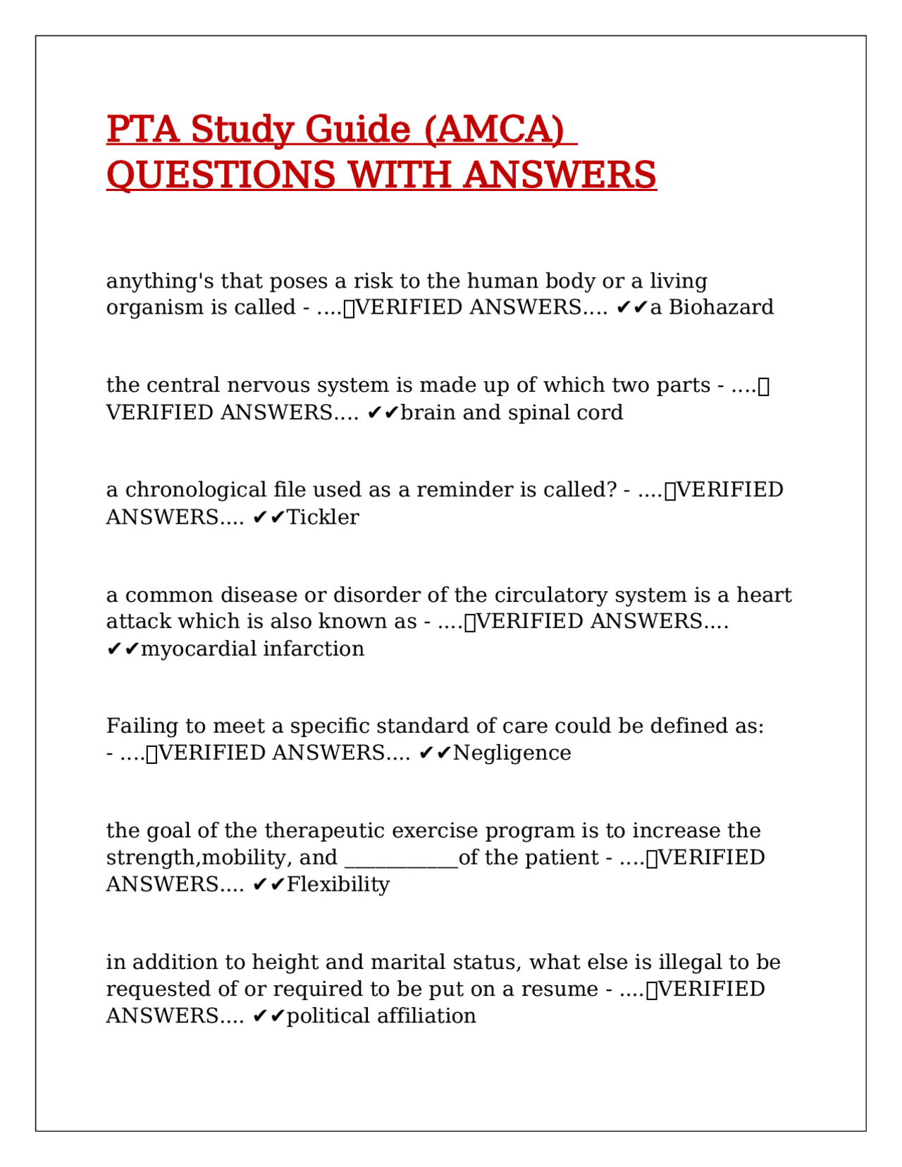 PTA Study Guide (AMCA) QUESTIONS WITH ANSWERS. | Exams Occupational ...