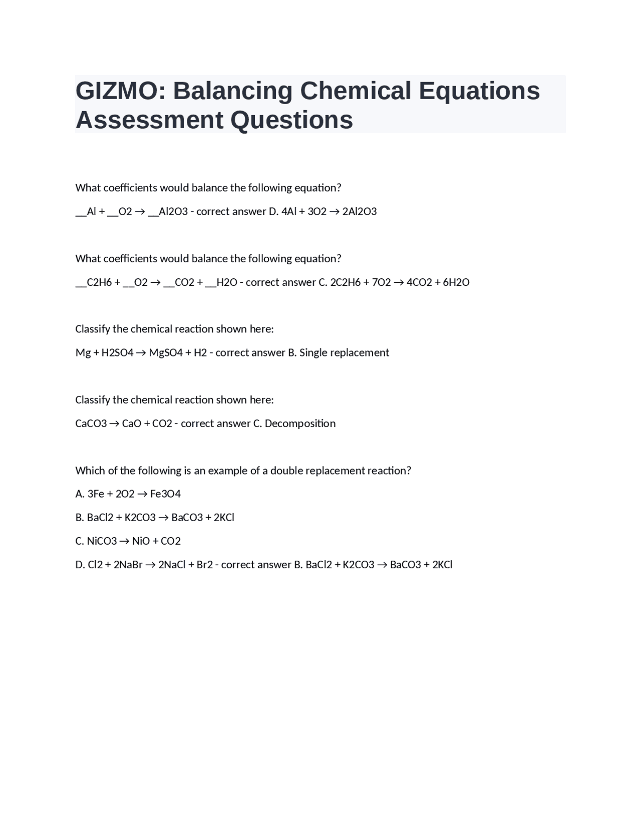 Balancing Chemical Equations: Assessment Questions | Exams Nursing ...
