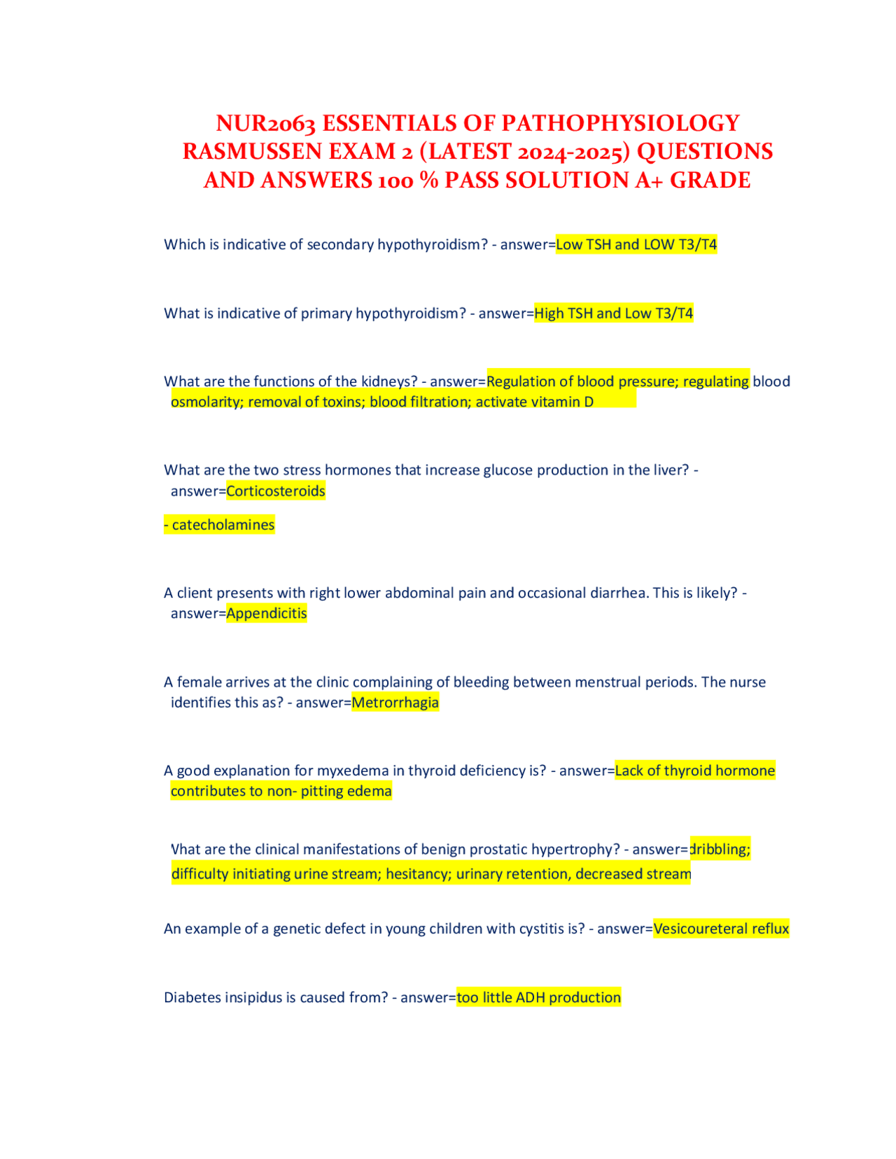 NUR2063 Essentials of Pathophysiology Exam 2 Questions and Answers ...