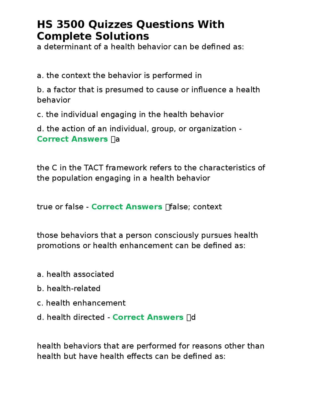HS 3500 Quizzes Questions With Complete Solutions | Exams Nursing | Docsity