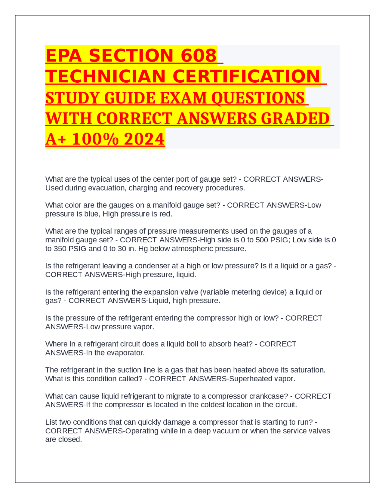 EPA Section 608 Technician Certification Study Guide: Exam Questions ...