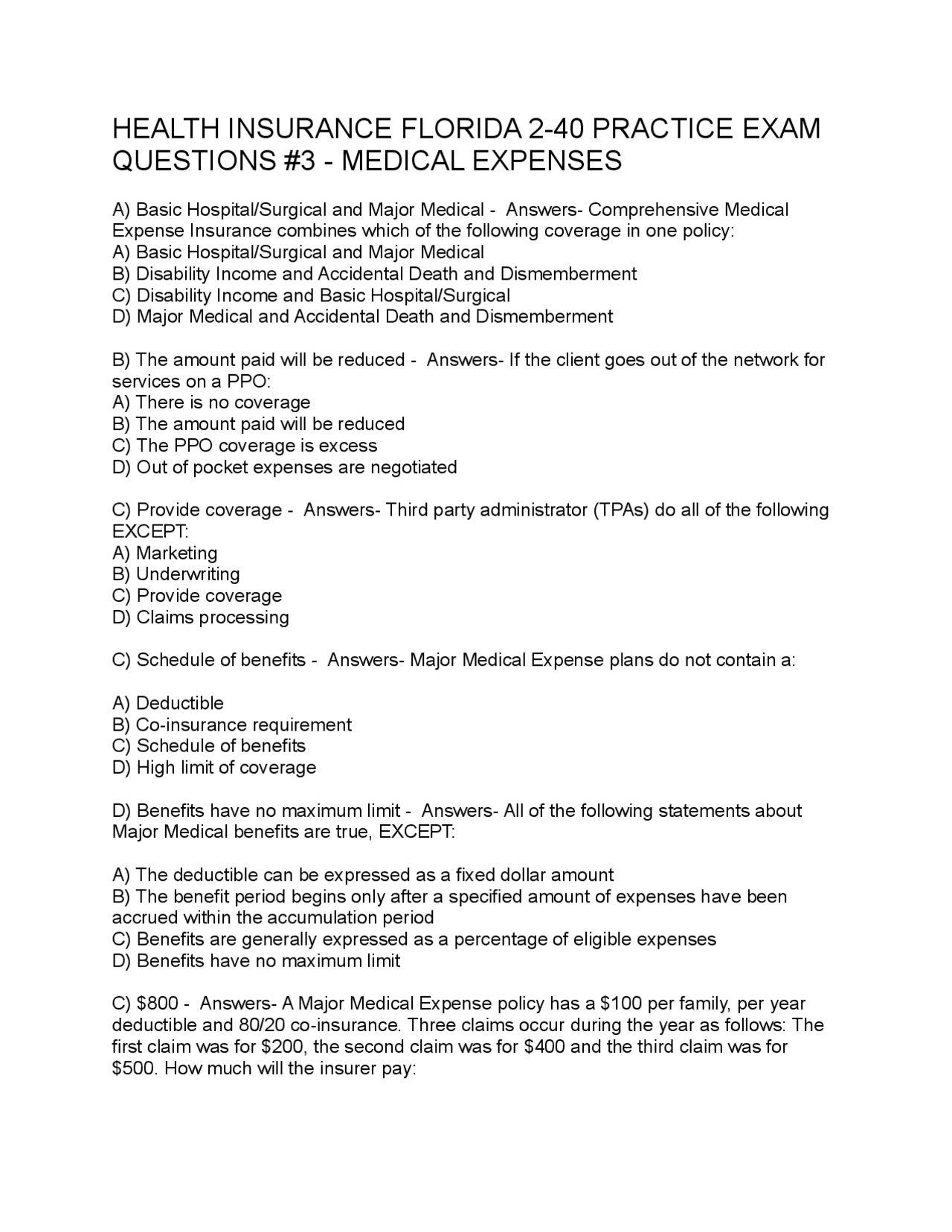 HEALTH INSURANCE FLORIDA 2-40 PRACTICE EXAM QUESTIONS #3 - MEDICAL