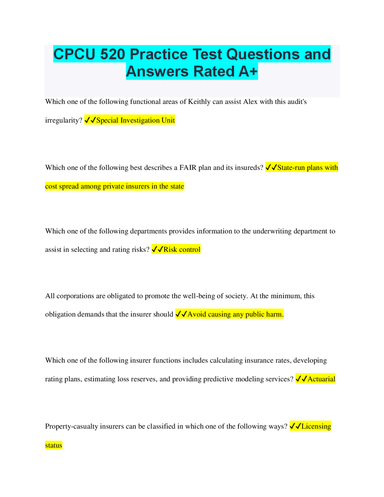 CPCU 520 Practice Test Questions and Answers | Exams Credit and 